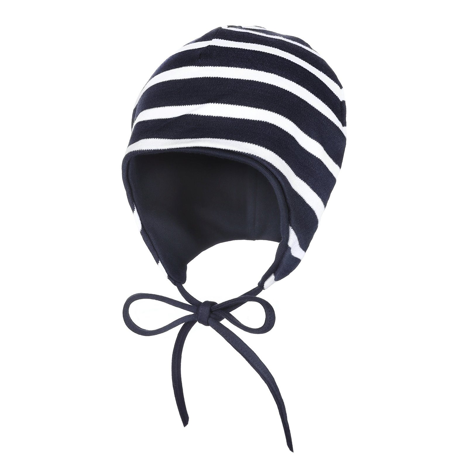 modAS Jerseymütze Baby Mütze Baumwolle - Kopfbedeckung mit Bindeband und Ohrenschutz (05) blau / weiß