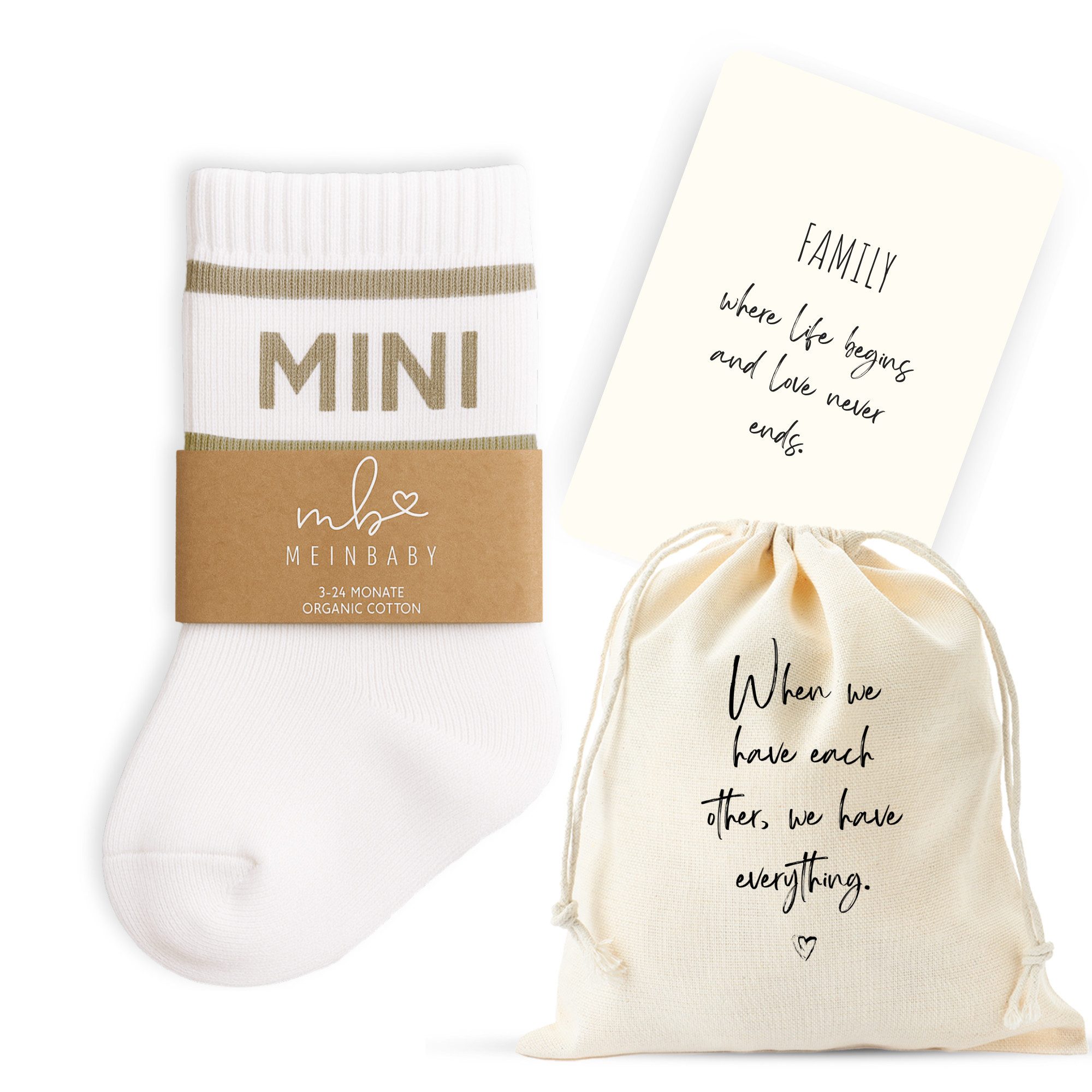MeinBaby123® Tennissocken Geschenk Geburt Baby, Geschenkidee Schwangerschaft (Set, 1 Paar inkl. Baumwollsäckchen und Karte) Geschenk Neugeborenes, Mini, Babyparty