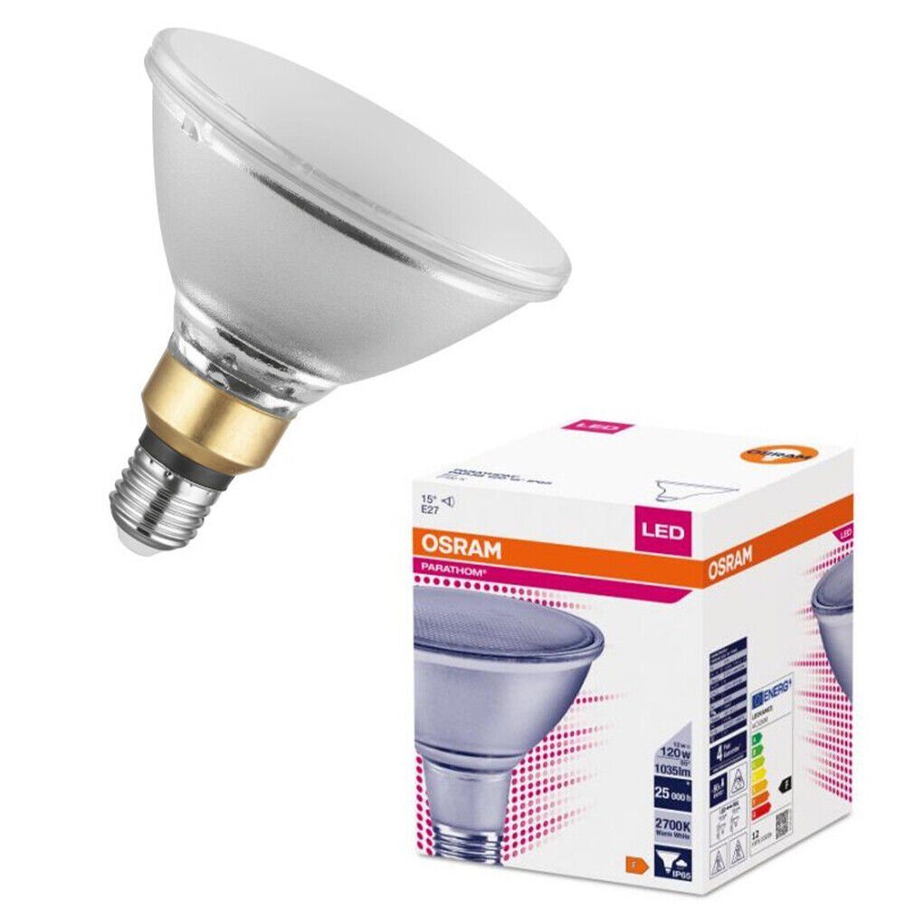 Osram LED Deckenspot Reflektor Warmweiss, E27 LED PAR38 dimmbar, nicht Parathom 15 fest integriert, Spot IP65 Grad, LED 12W Warmweiß E27, Lampe Glühbirne, Energieeffizient