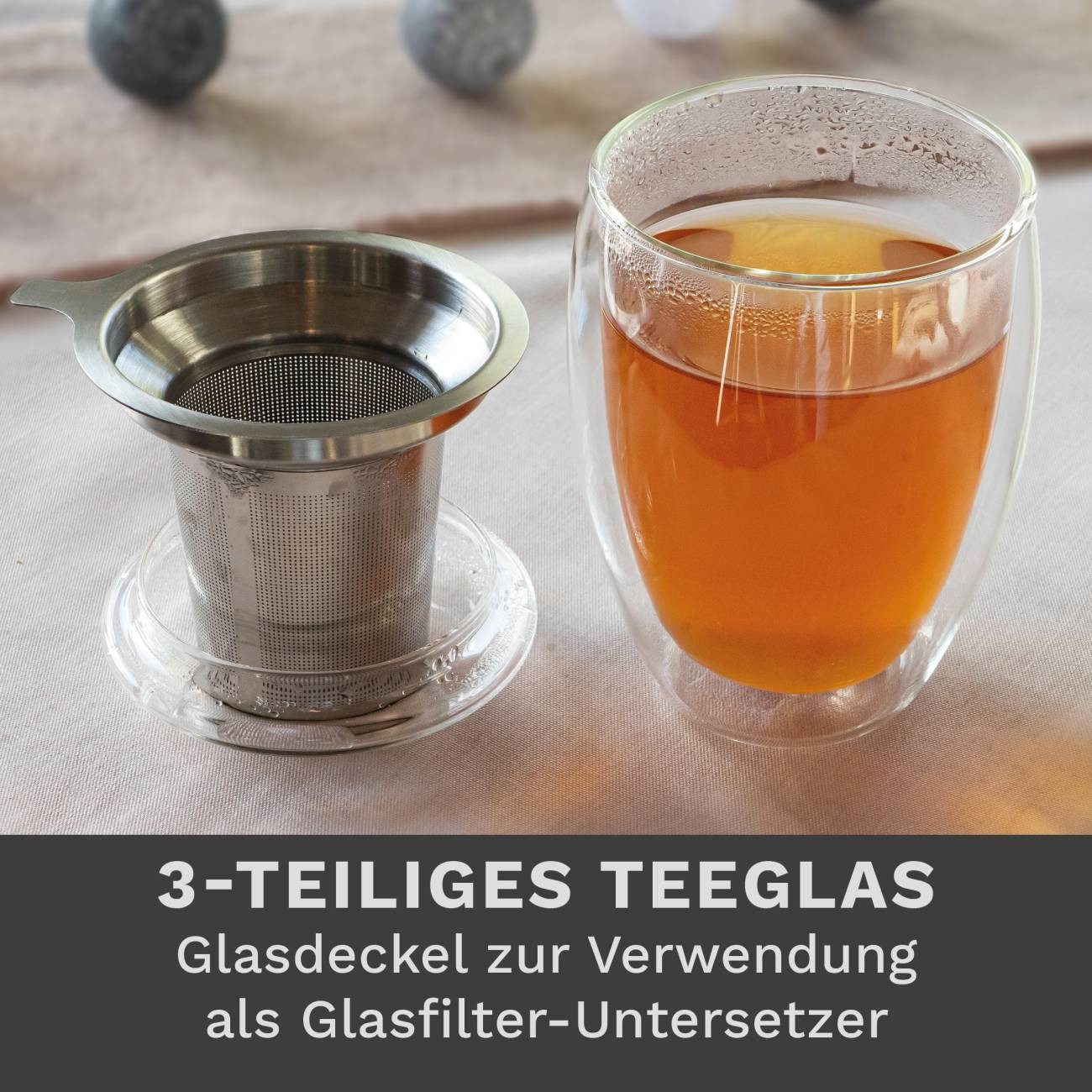Creano Teeglas Doppelwandiges Teeglas mit Filter und Deckel, 400ml, Borosilikatglas, 3-teilig