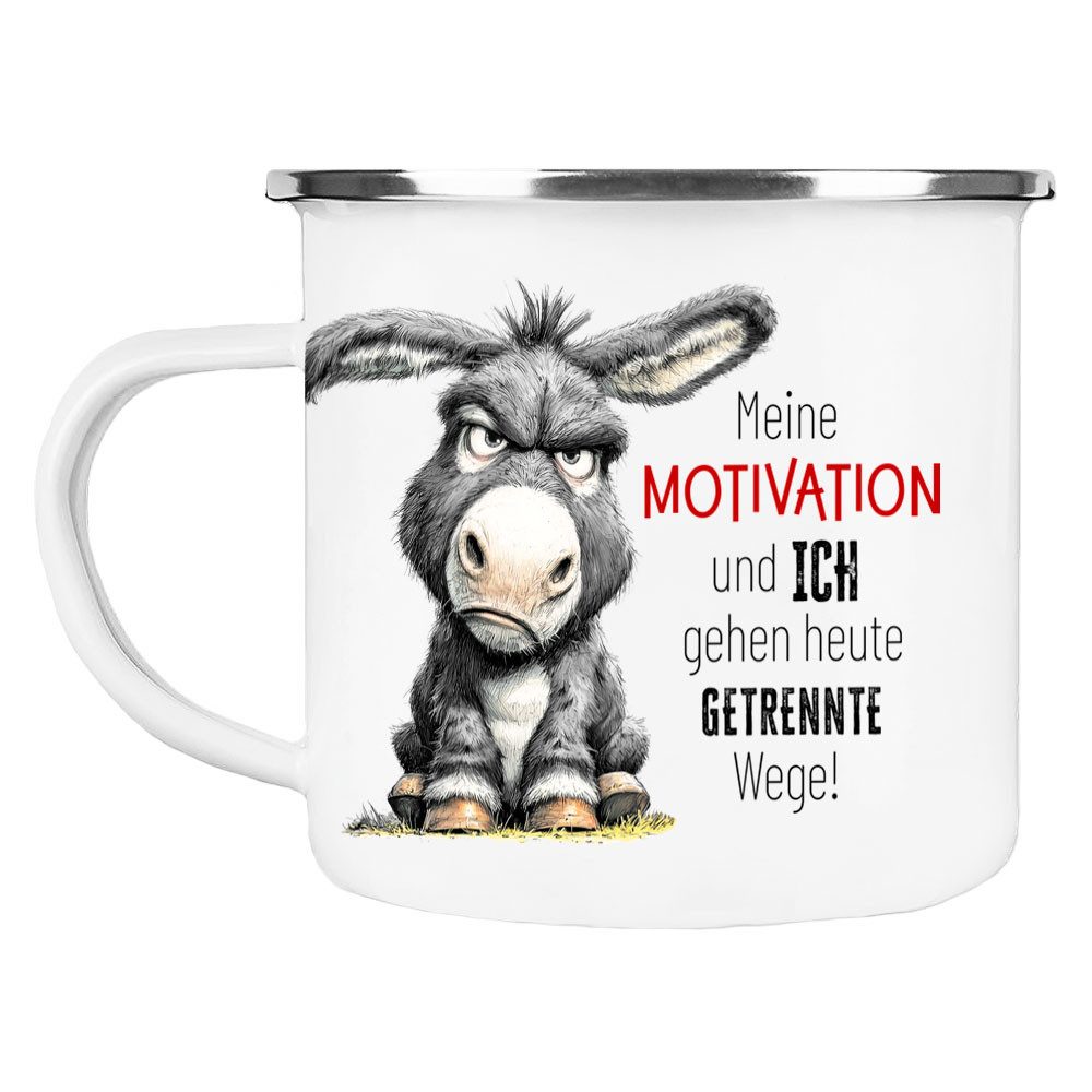 Cadouri Tasse Emaille Tasse MEINE MOTIVATION UND ICH Kaffeetasse, Metall, Outdoortasse, Campingbecher Edelstahl, handgefertigt, Geschenk, 300 ml