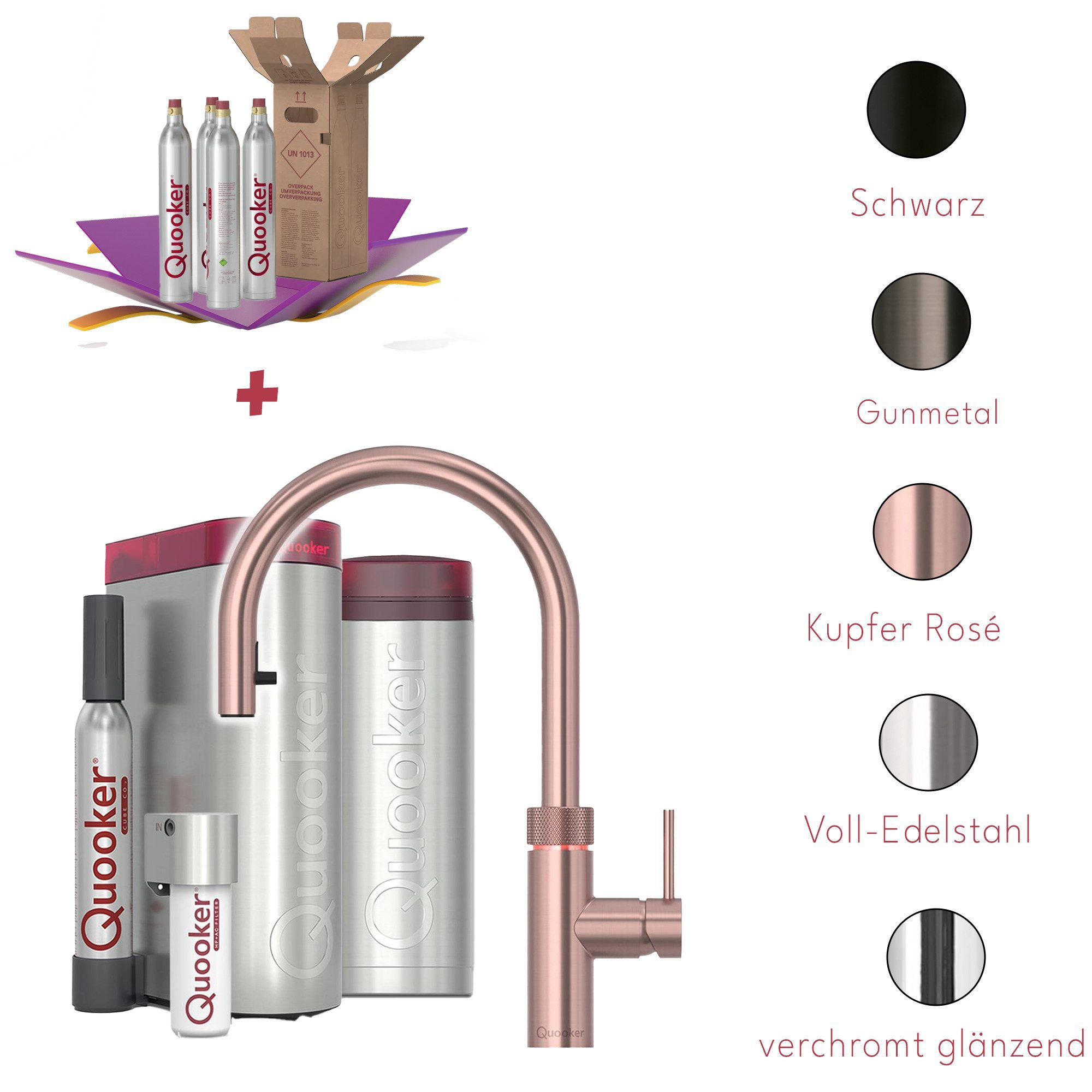QUOOKER Küchenarmatur Quooker PRO3 & CUBE, Flex inkl. Cube-Filter (4x CO₂ gratis) (Spar-Set, Armatur mit PRO3 und CUBE für kochendes, gekühltes, sprudelndes Wasser) Kochendwasser, Sprudel, stilles wasser, Kindersicherung, Flexschlauch