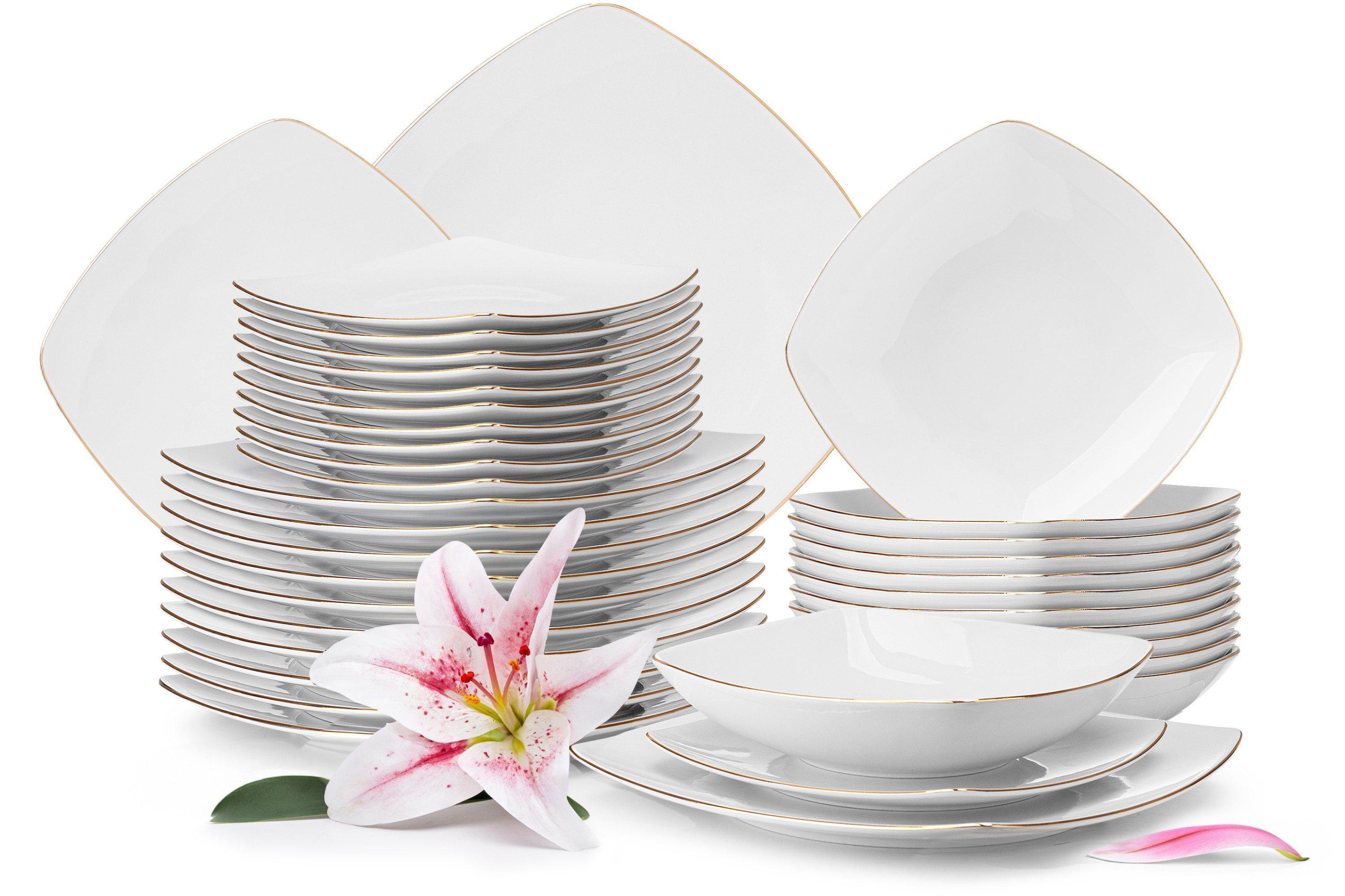 KONSIMO® Столовый сервиз CARLINA Dessertteller Suppenteller Speiseteller (36-tlg), 12 Personen, Porzellan, Handwäsche, quadratisch, Elegant