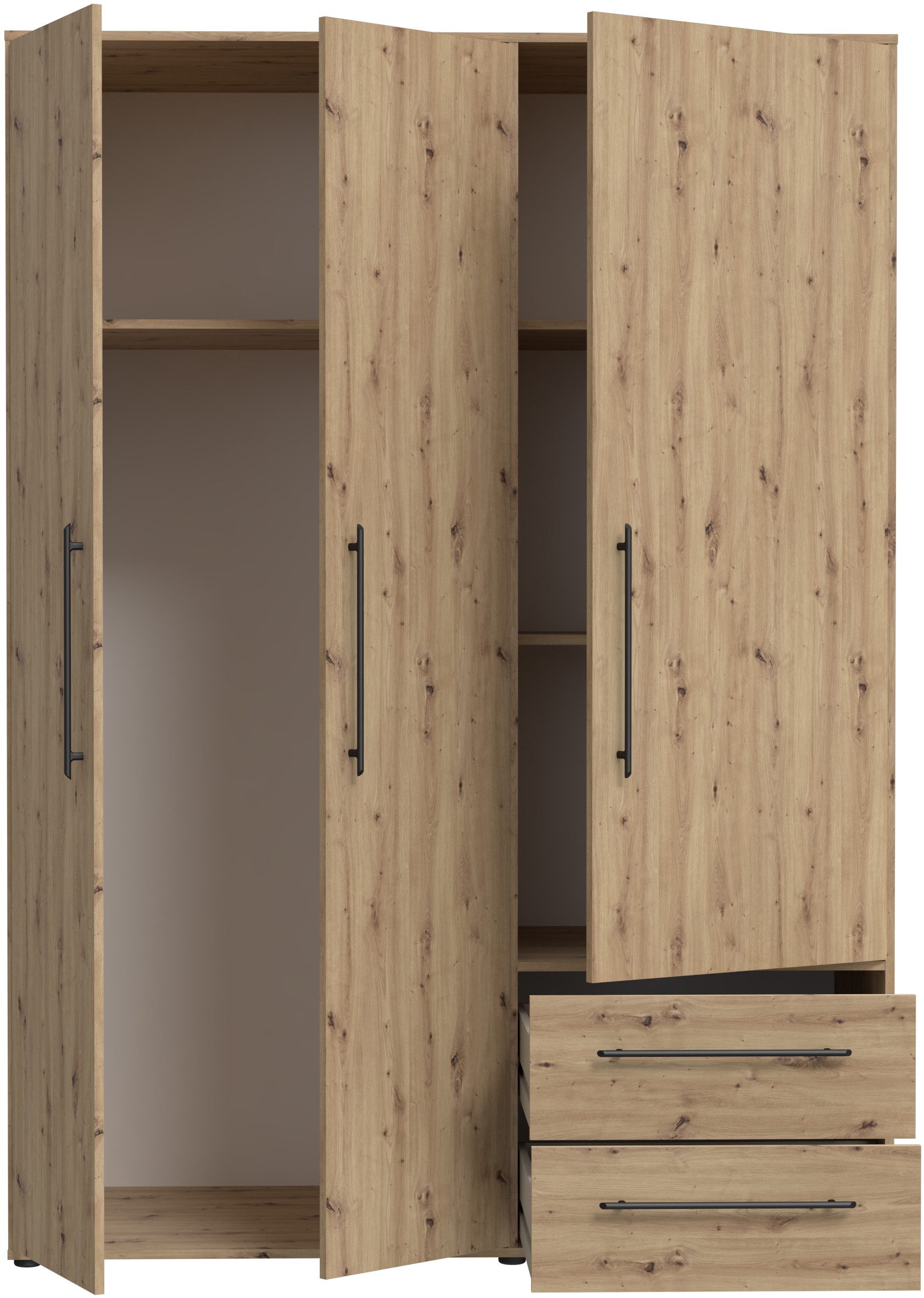 FORTE Kleiderschrank Mokkaris, Garderobe, zeitloses Design, 3 Türen, Made in Europe (B/H/T ca. 144x200x59cm) Zwei Schubladen, schwarze Stangengriffe, Stauraum, auch in Schwarz