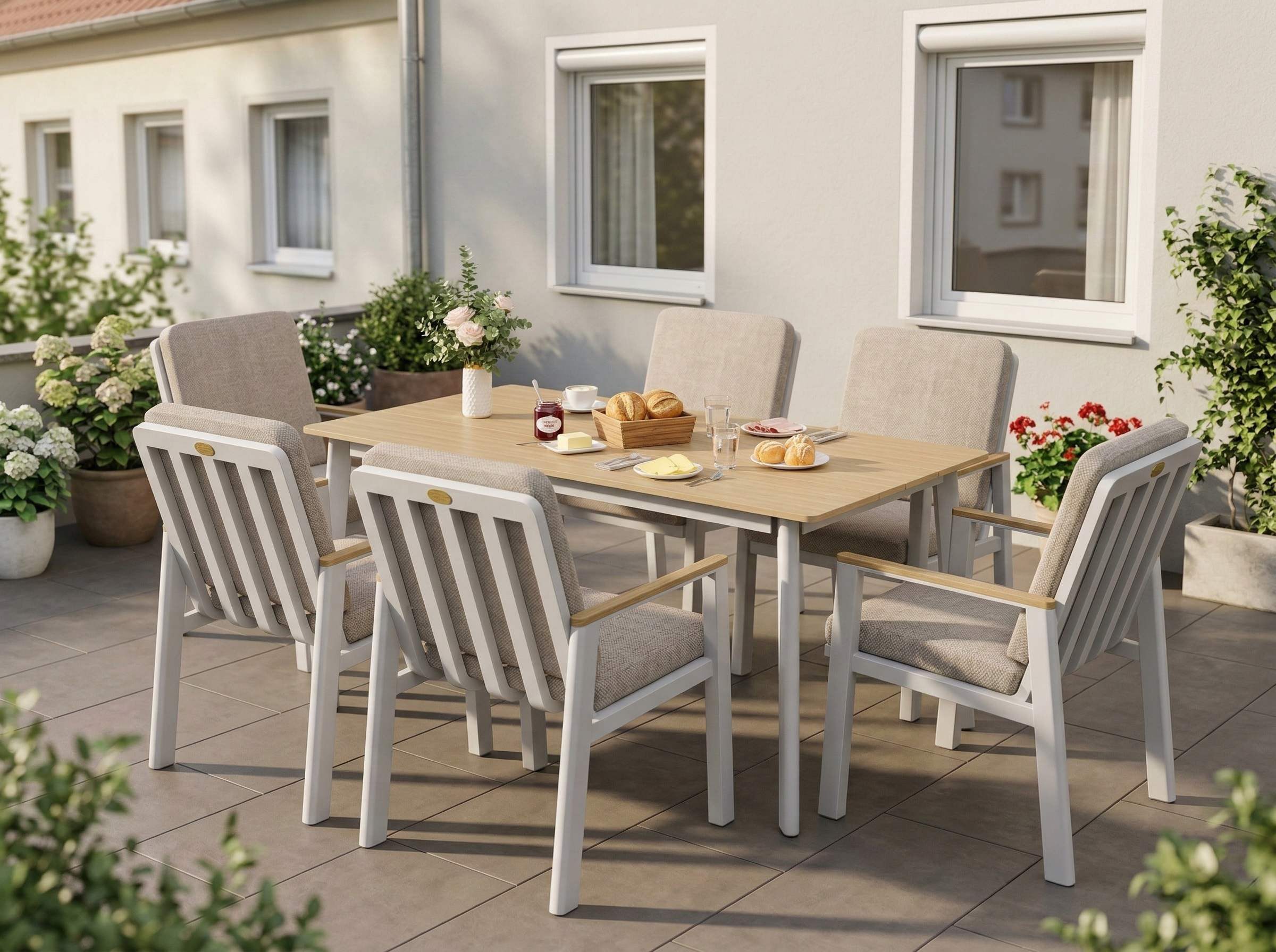 MeXo Gartenlounge-Set Aluminium Gartenmöbel Set, (150 x 80 cm Gartentisch, 7-tlg., mit 6 Stühlen), wetterfeste Essgruppe für Terrasse Balkon Garten