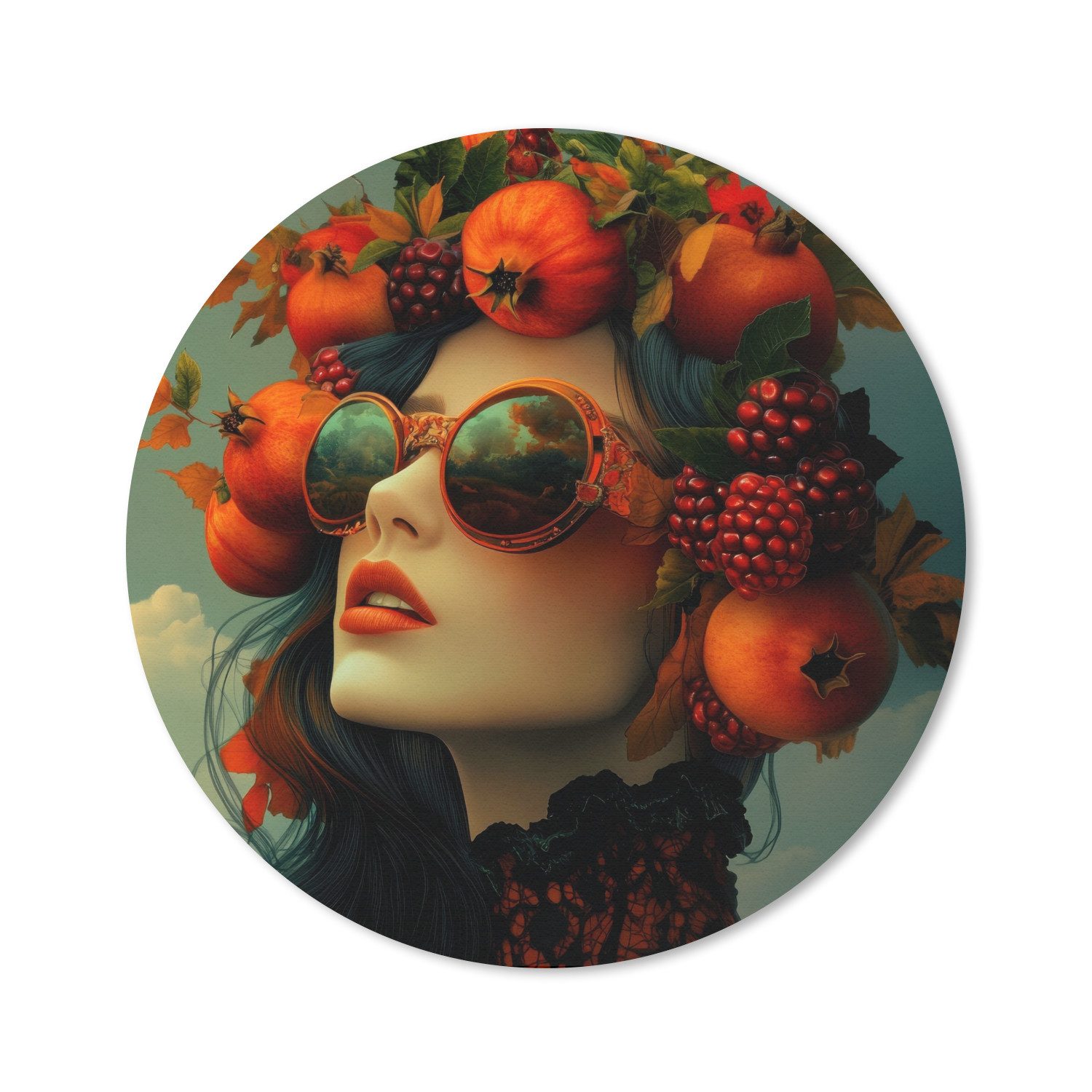 MuchoWow Mauspad Frau - Granatapfel - Herbst - Sonnenbrille (1-St), Gaming, Rutschfester Unterseite, Mausunterlage, Rund 50x50 cm