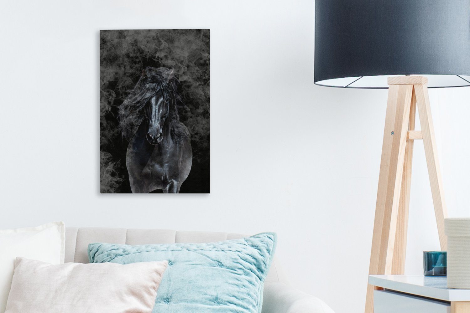 OneMillionCanvasses® Leinwandbild 20x30 St), Gemälde, - Smoke, bespannt (1 inkl. - Leinwandbild cm Schwarz fertig Zackenaufhänger, Pferd