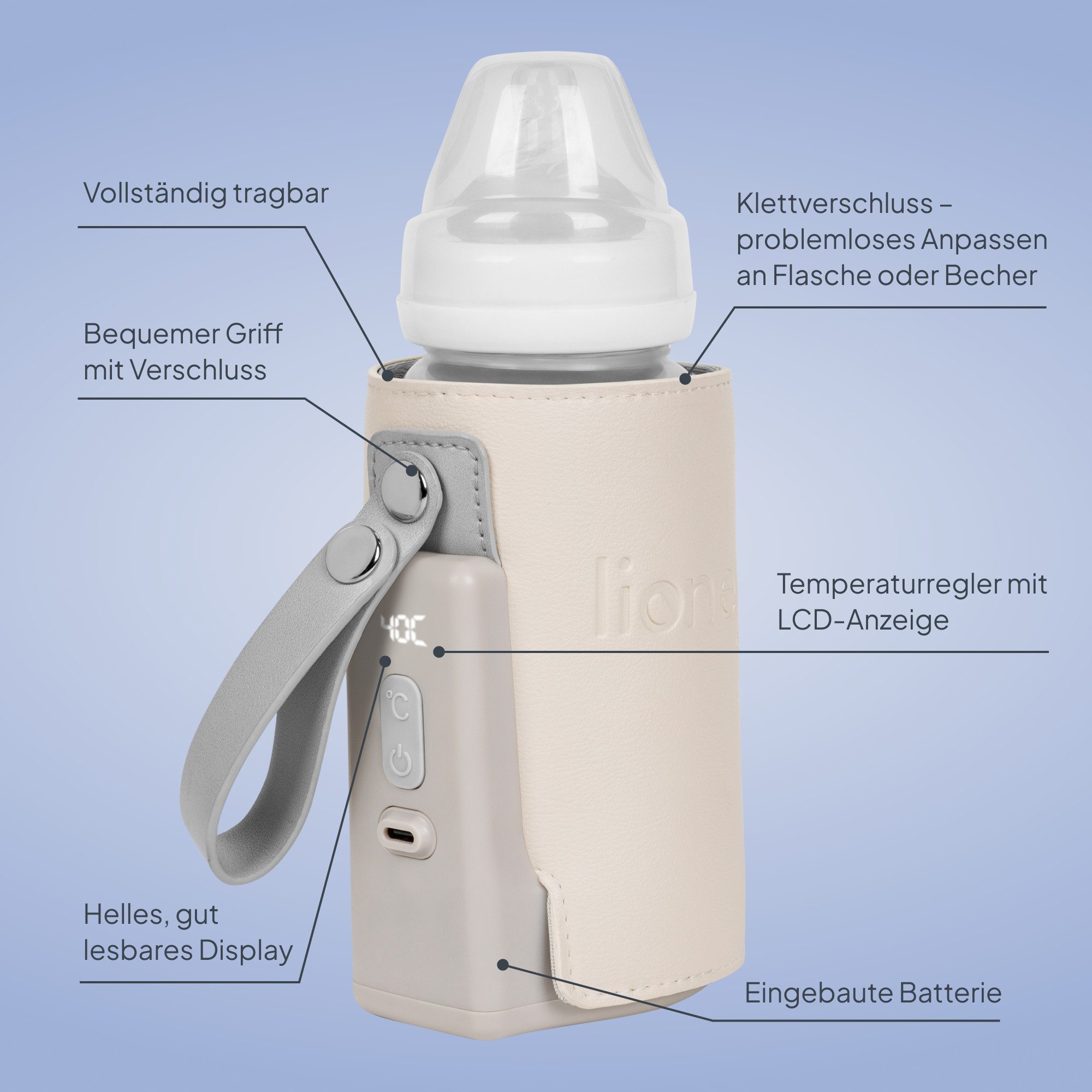 lionelo Babyflaschenwärmer THERMUP GO PLUS, Schnelles Erhitzen - 5 Temperaturen/3000mAh/USB-C