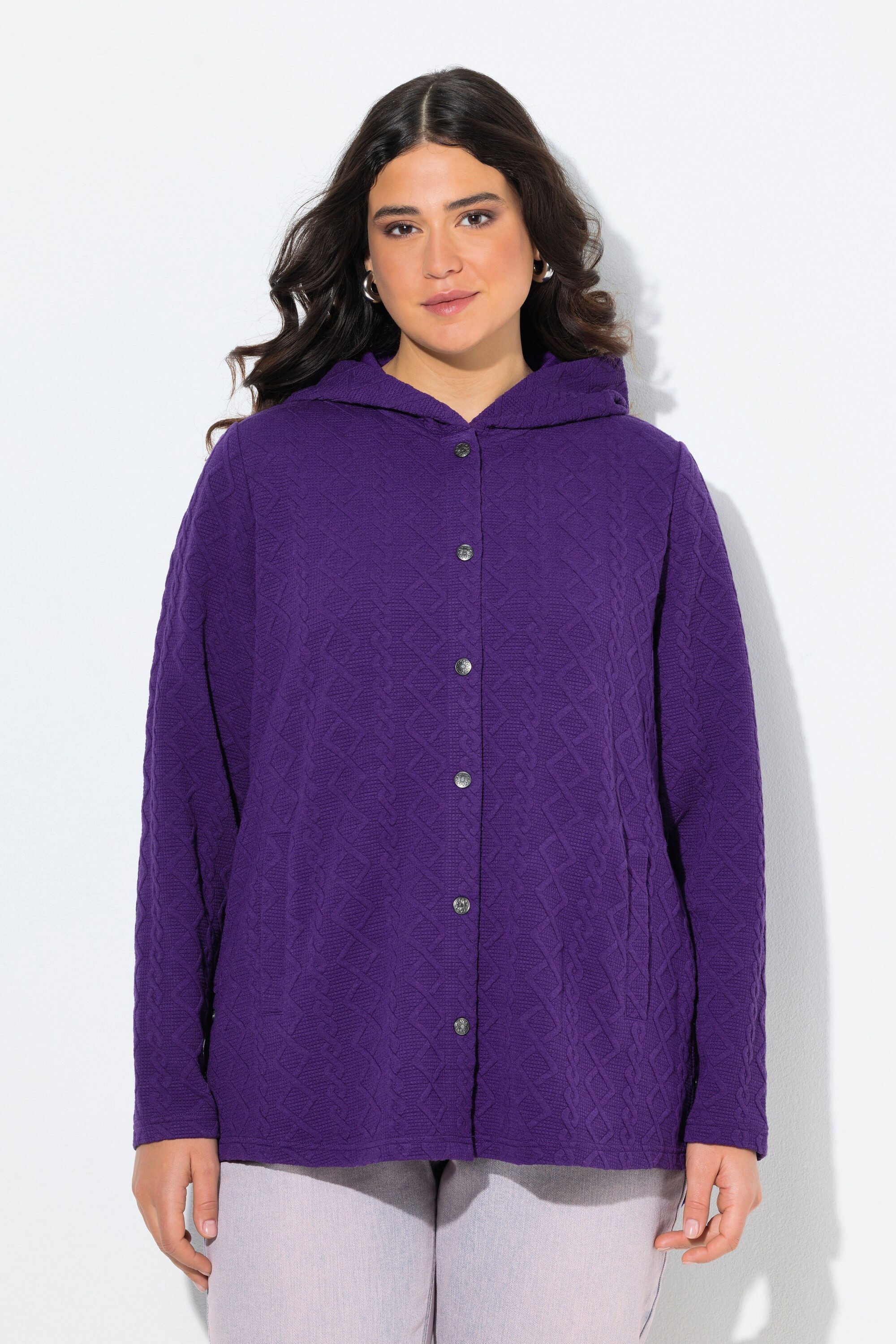 Ulla Popken Sweatjacke Hoodie-Jacke Zopfmuster Druckknöpfe günstig online kaufen