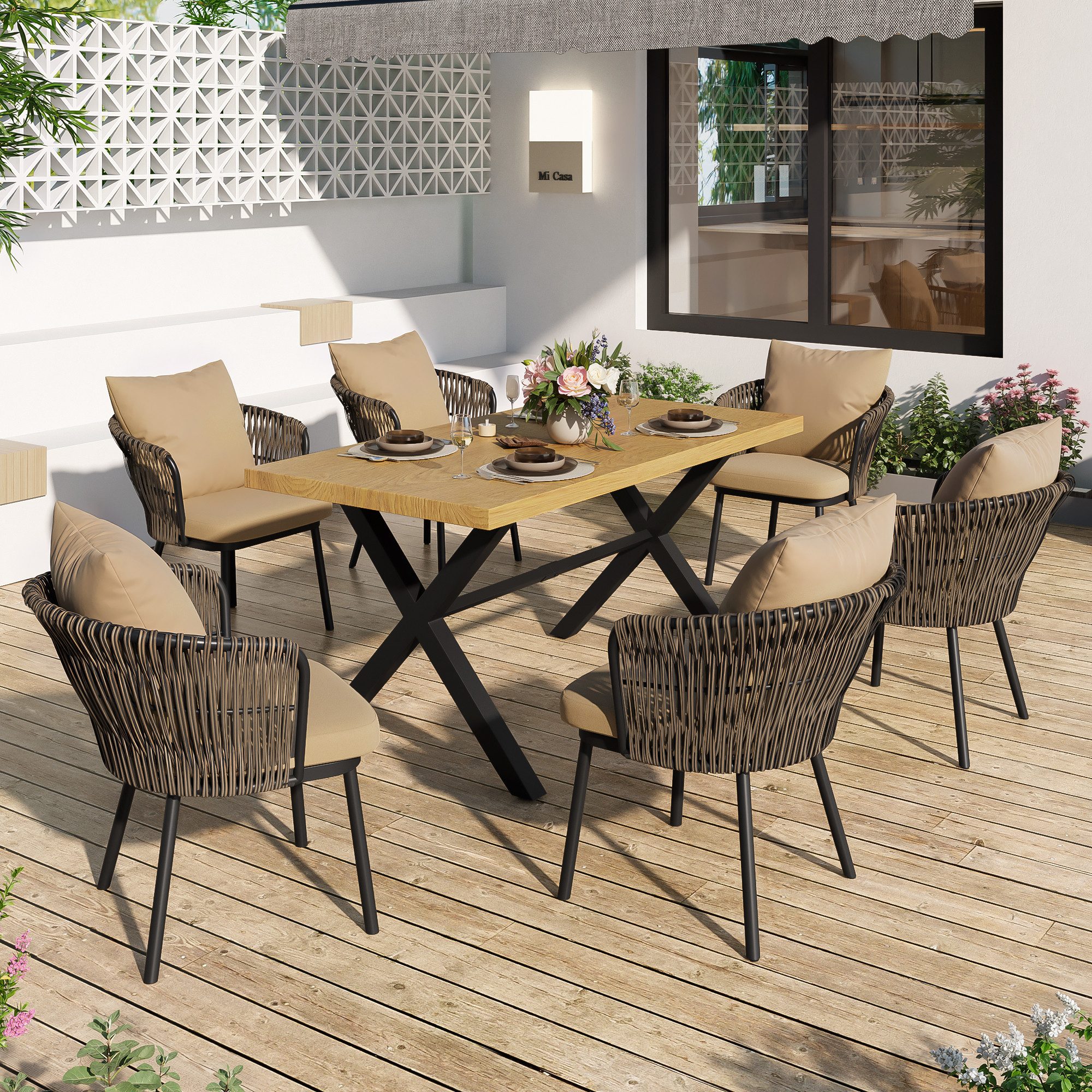 Refined Living Gartenlounge-Set 7-teiliges Gartenmöbel-Set Essgruppe Outdoor, Tisch + 6 Stühle, (Khaki & Natur, 6-teiliges Outdoor Gartenmöbel-Set, 150x75x75 cm Tisch, 52x50x72 cm Stühle, Eisengestell, Holzoptik Tischplatte, PE-Rattan Rückenlehne, 1-tlg., mit dicken Sitzkissen, wetterfest, modern Sitzgruppe), für Garten, Terrasse, Balkon, Outdoor Essgruppe für 6 Personen