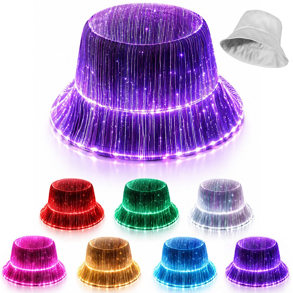 PRIISF Verkleidungsmaske LED Lichtmütze Neon Disko Farbblinkende Fischerhut Blitz Leuchtkappe, (LED-Hut verstellbar beleuchtet, 7 Farben für Damen und Herren, mit blinkender LED-Krempe lustig beleuchtet), Kostüm Mütze für Weihnachten Halloween Geburtstag Hochzeit Festival