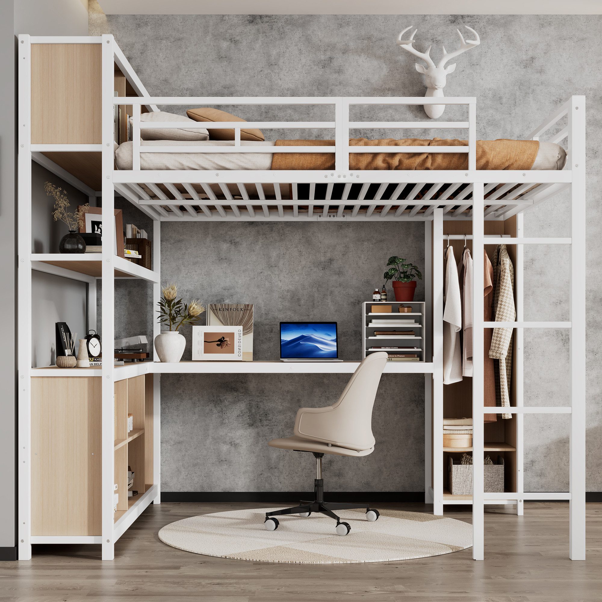 Odikalo Hochbett 140x200 Metallbett mit Schreibtisch Jugendbett Kinderbett günstig online kaufen