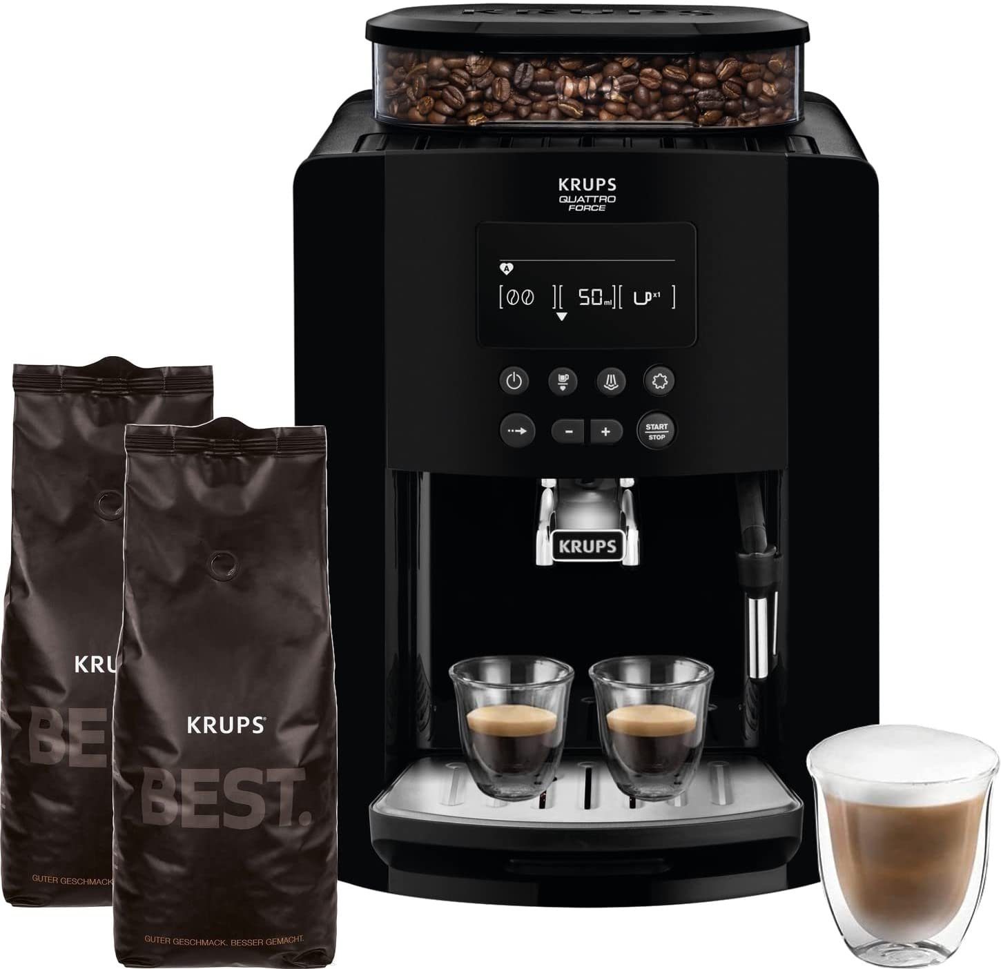 Krups Kaffeevollautomat Arabica + 2Kg Kaffeebohnen Best Crema ZES800,  Direktwahltasten für Espresso und Kaffee, 1,7L, 2-Tassen-Funktion