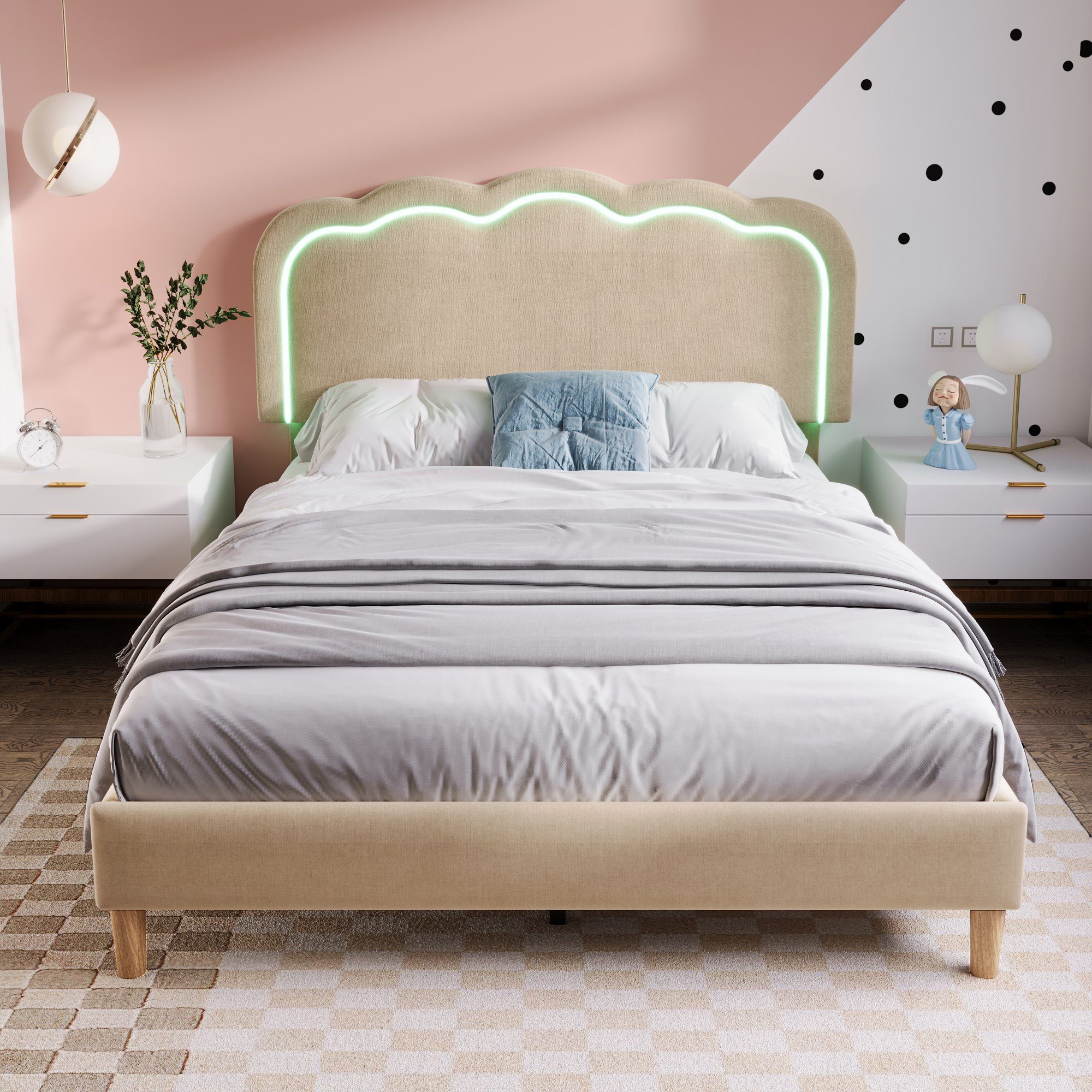 Polsterbett (LED Doppelbett), mit Lattenrost & Verstellbares Kopfteil in Puff-Form 140x200cm, Leinen