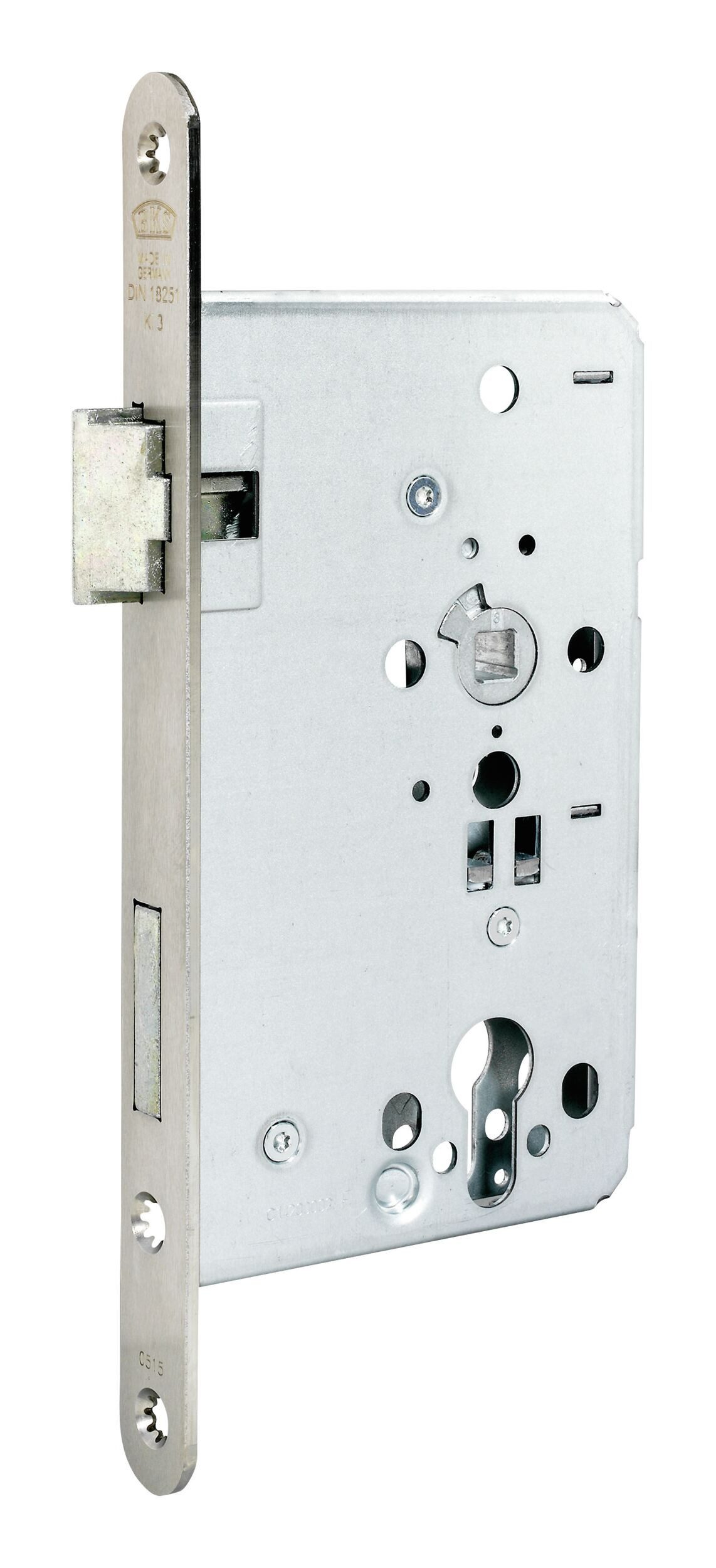 BKS Einsteckschloss, Dornmaß 60 mm, Objekttür, PZ, 60/72/8,24 rund B-515, mit Wechsel, DL, nickelsilber