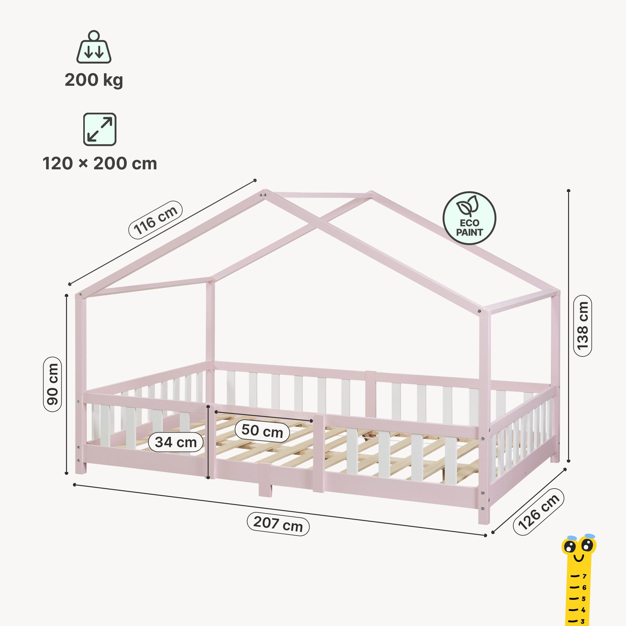 en.casa Kinderbett, »Treviolo« Haus-Optik Montessori 120x200 cm Rosa/Weiß