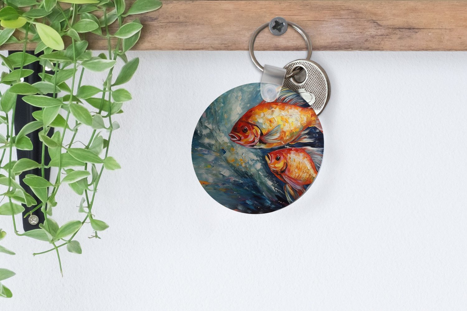 MuchoWow Schlüsselanhänger Fisch - Wasser - Tiere - Kunst - Ölfarben, Rund, Geschenk für Damen / Herren / Kinder mit Schlüsselring, 5x5 cm
