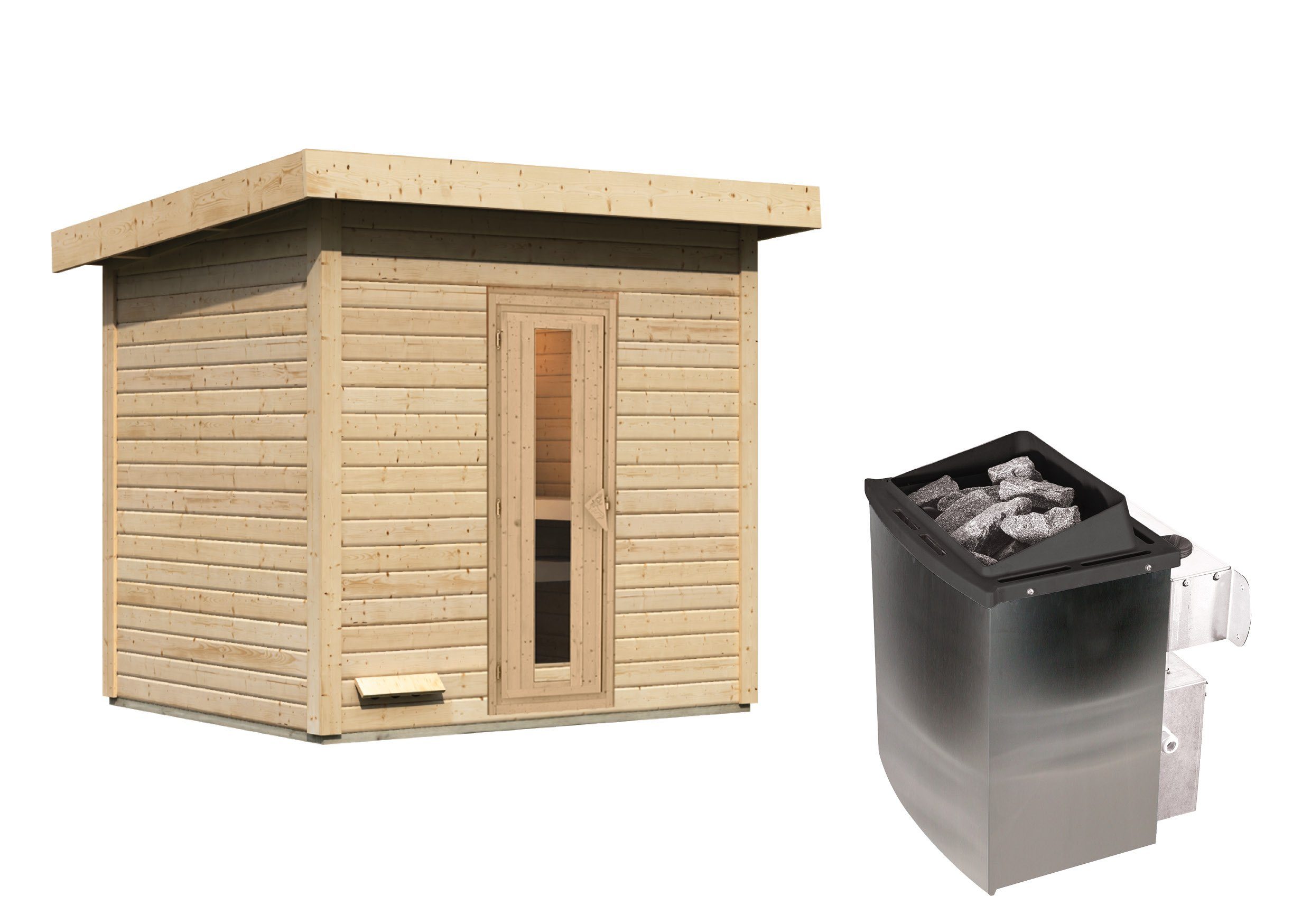 Karibu Saunahaus Karibu 38 mm Saunahaus Melo 3 naturbelassen mit Ofen 9 kW, Saunieren nach dem Vorbild der Finnen