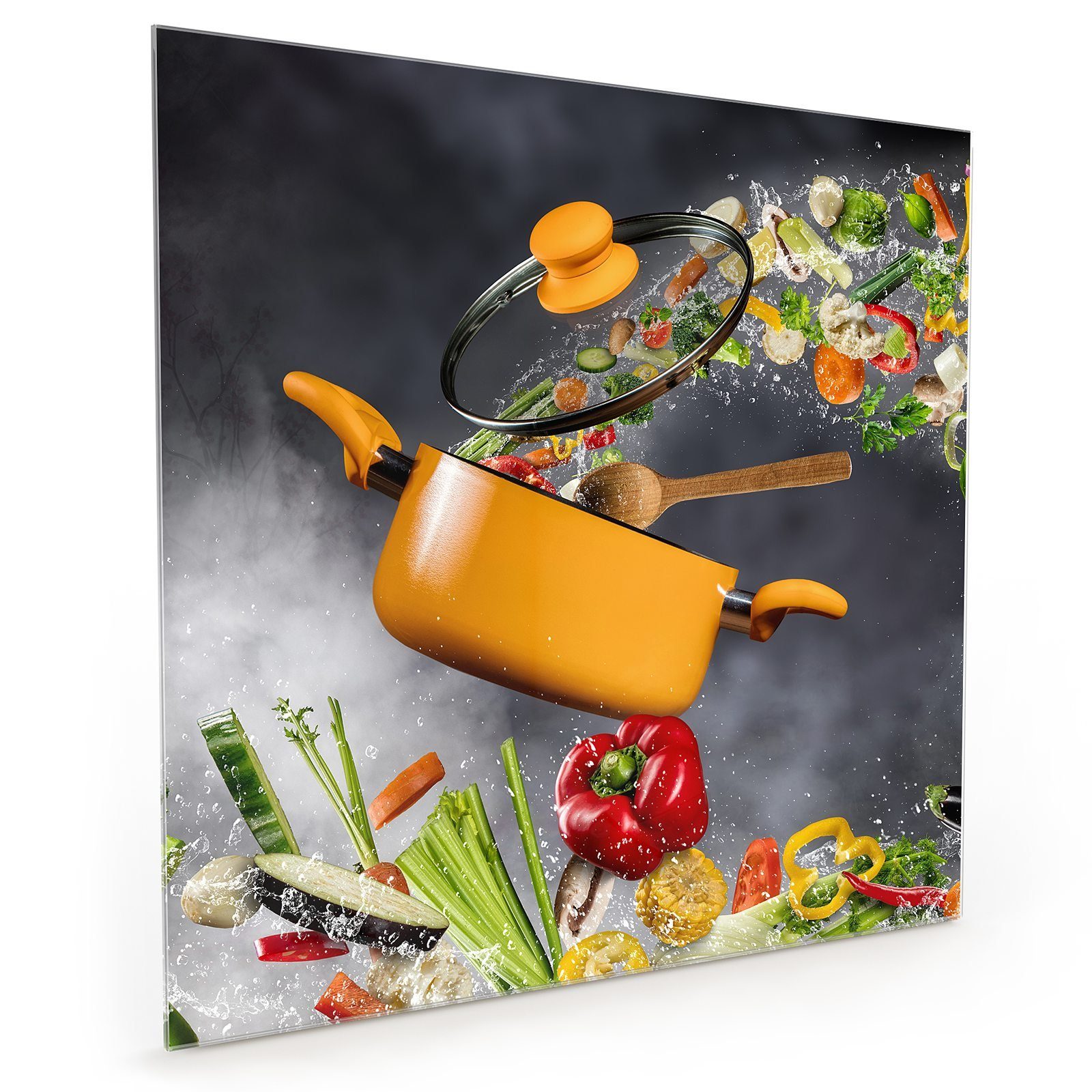 Primedeco Küchenrückwand Küchenrückwand Spritzschutz Glas mit Motiv Gemüsewelle aus Topf
