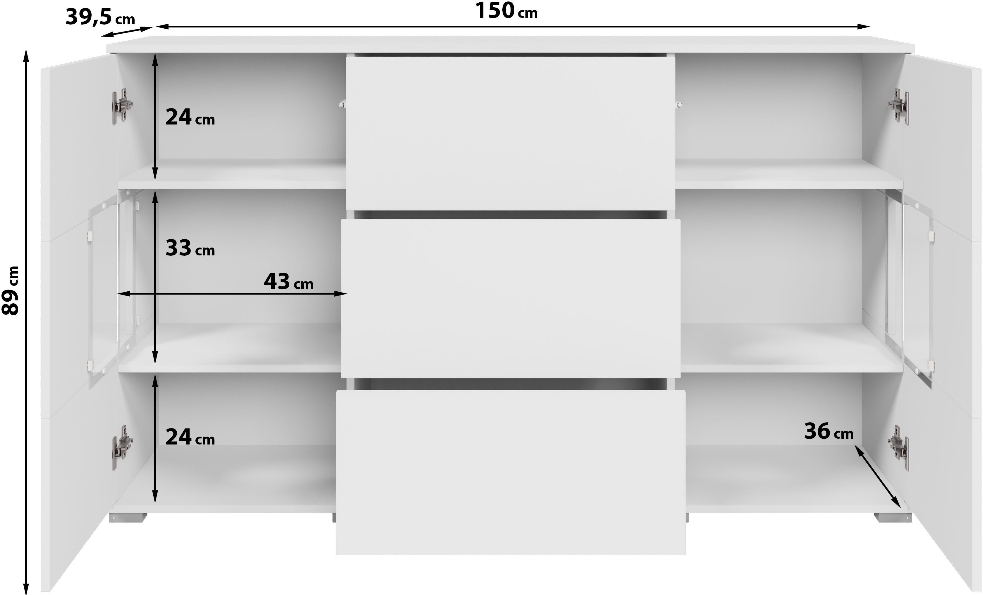 OTTO home Sideboard Kenia (1 St), Sideboard mit 3 Schubladen, 6 Fächern, Glastüren, Breite 150 cm
