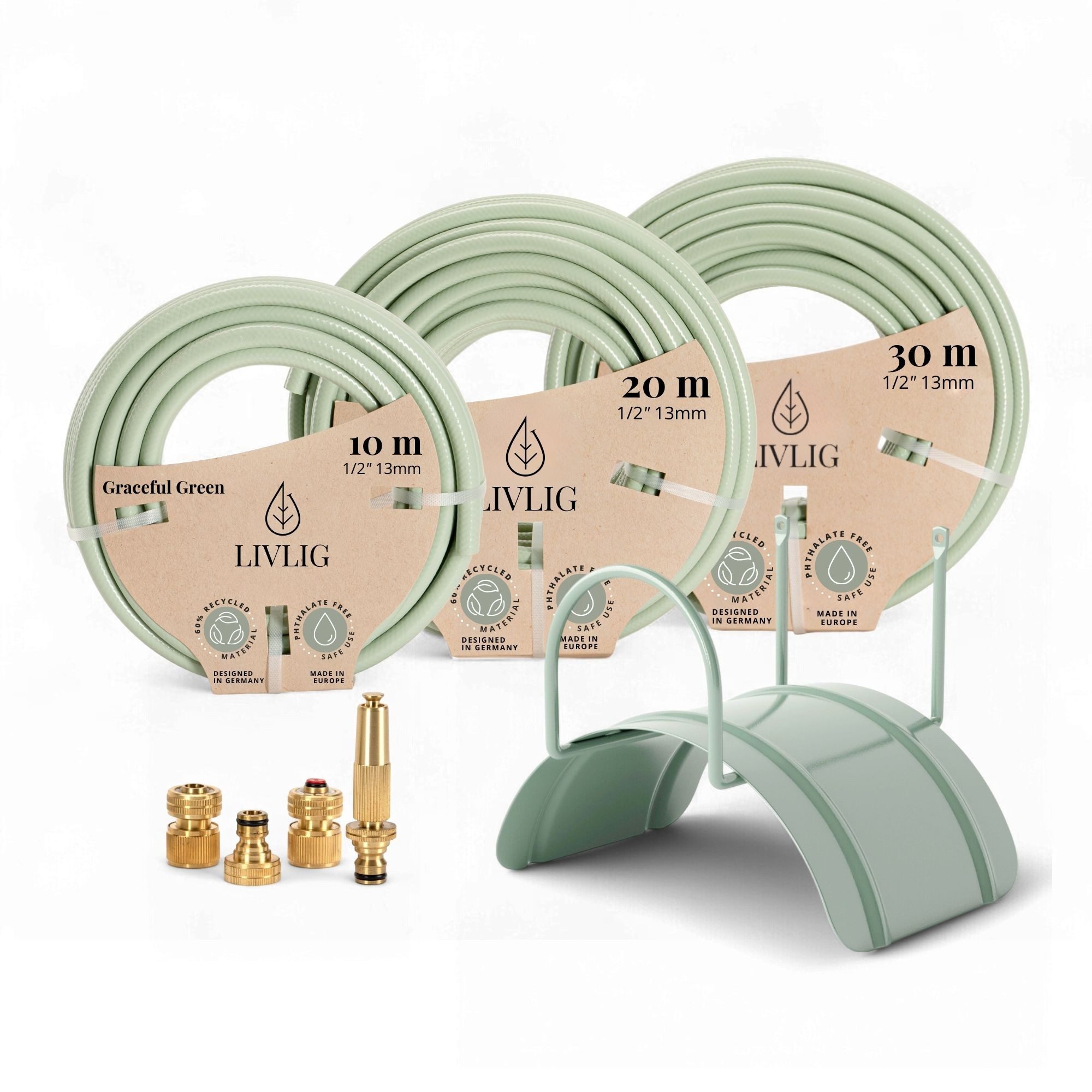 LIVLIG Gartenschlauch im Set, Schöner Gartenschlauch, Wandhalterung, Spritze, Grün