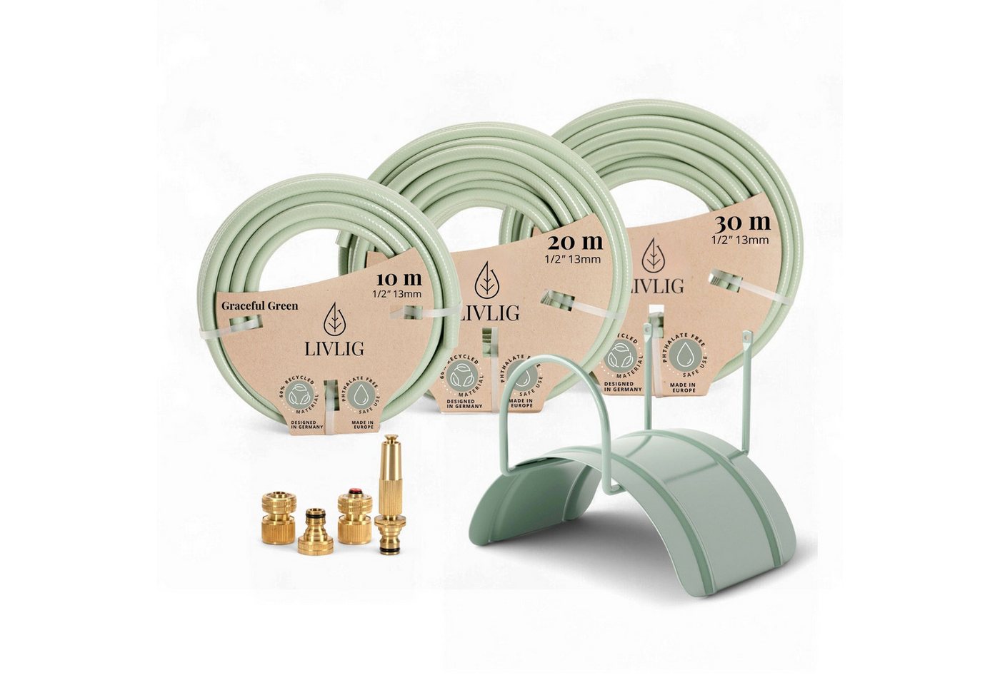 LIVLIG Gartenschlauch im Set, Schöner Gartenschlauch, Wandhalterung, Spritze, Grün