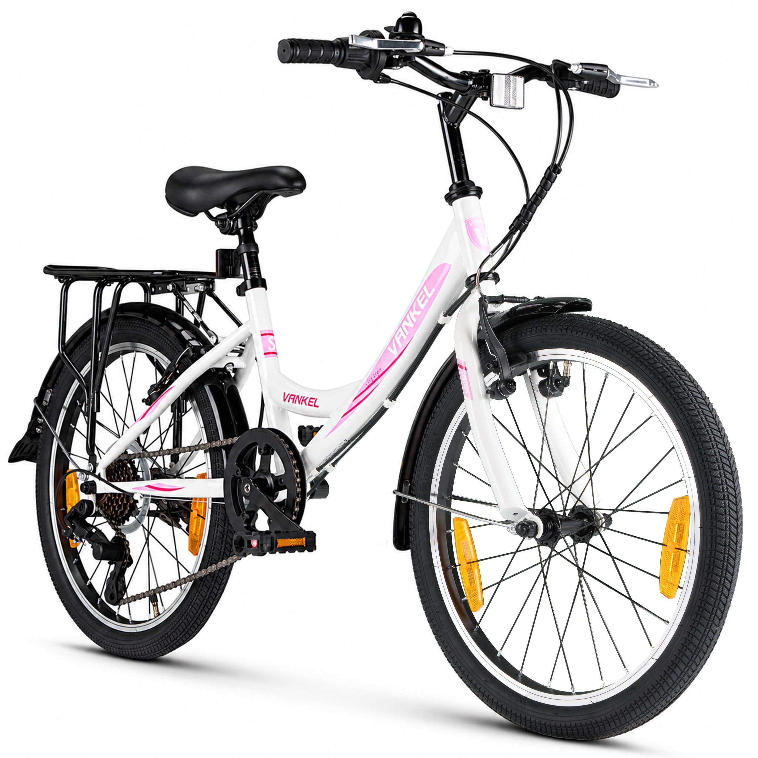 Vankel Kinderfahrrad 20 Zoll, Kinderrad, MTB, mit Gepäckträger und V-Brakes, 7 Gang, Kettenschaltung, Robustes Design, ab 6 Jahren, Alltag, Ausflug, Reflektoren