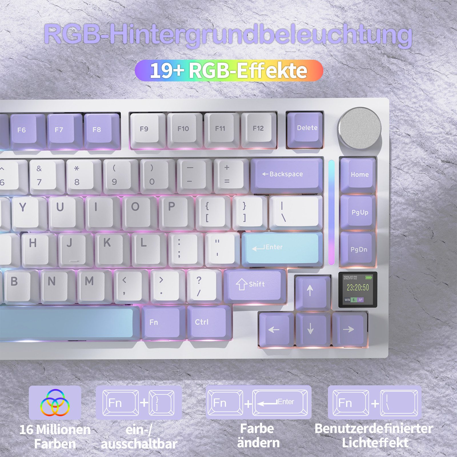 ATTACK SHARK X820 Ultra Mechanische Tastatur mit,75% ANSI-Layout, 2,4 GHz/BT/Wired Gaming-Tastatur (Gasket,TFT-Bildschirm und Knopf,5 Sound-Absorbing Foams,Hot- – Bild 5 von 5