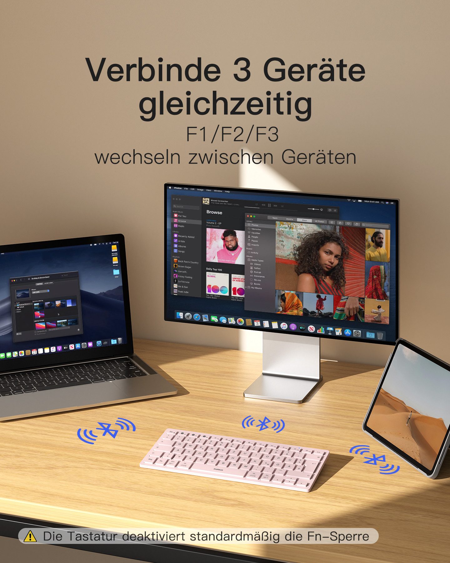 Inateck für iPad Pro/Air/Mini/Windows/Android/IOS, Ergonomisches Design Wireless-Tastatur (Ultraslim, Vergrößerte Tastenkappen, 3 Bluetooth)