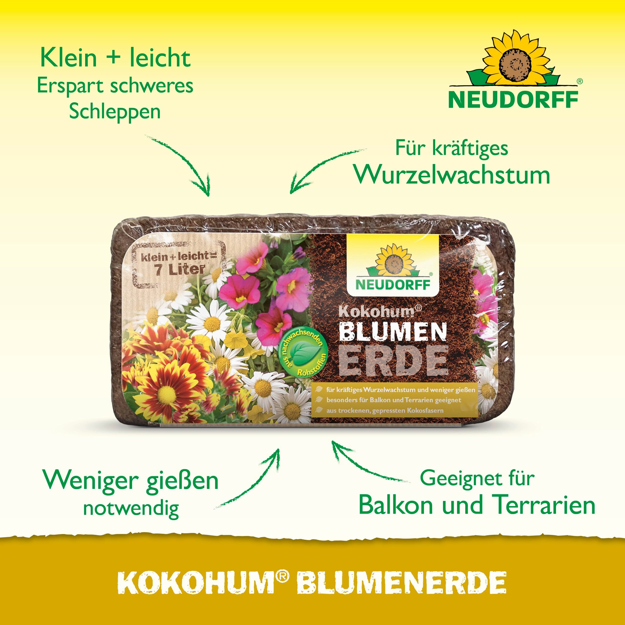 Neudorff Blumenerde Kokohum BlumenErde Brikett ergibt 7L Erde, (Praktische Brikett-Erde erspart schweres Schleppen und ist ideal für kräftiges Wurzelwachstum), aus trockenen, gepressten Kokosfasern