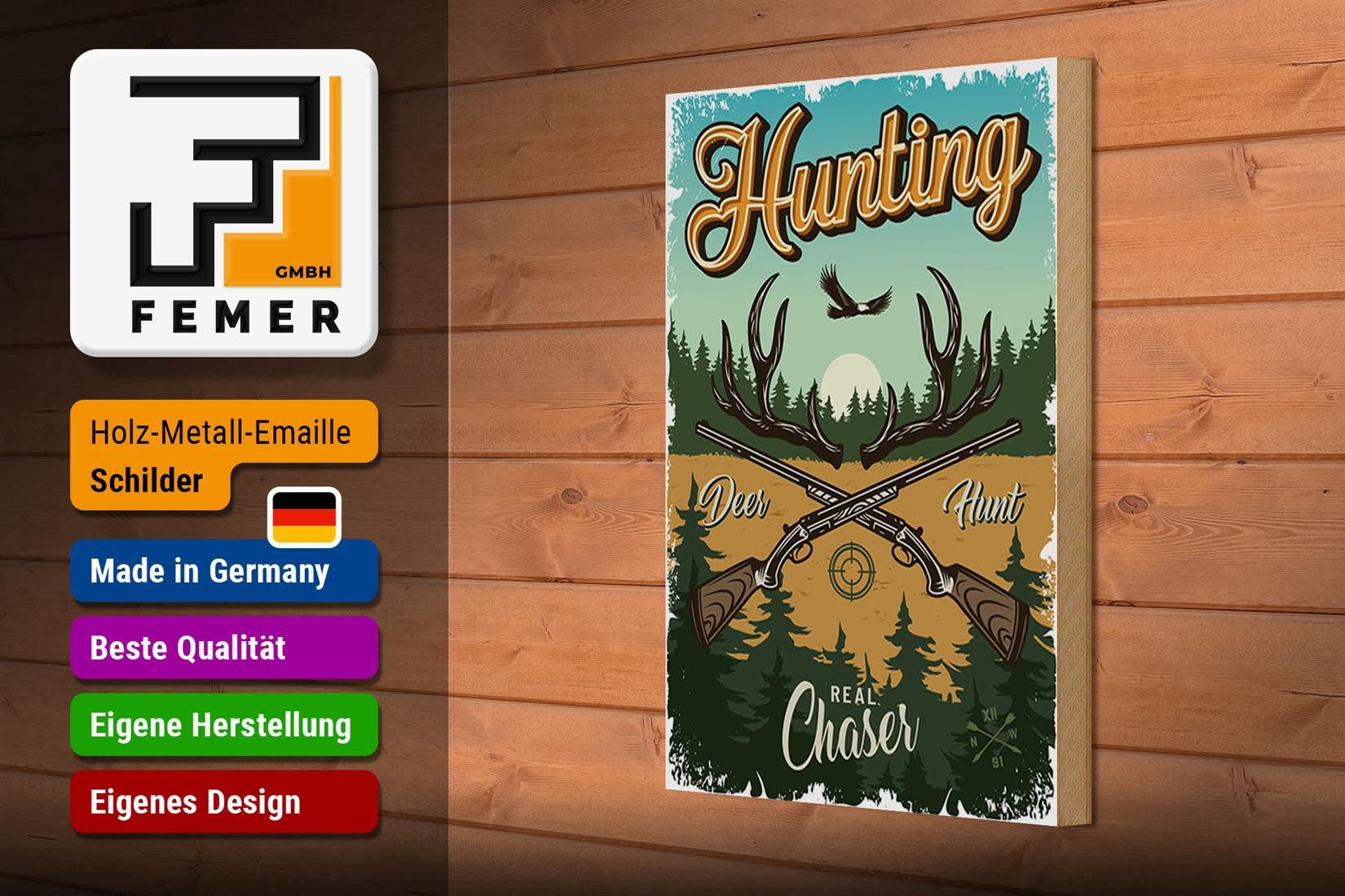 Femer GmbH Holzbild Jagd 20x30cm Hunting deer hunt Abenteuer, Camping Sport Hobby Freizeit (1 St), Glatte Holzfaserplatte (MDF), vorn beschichtet