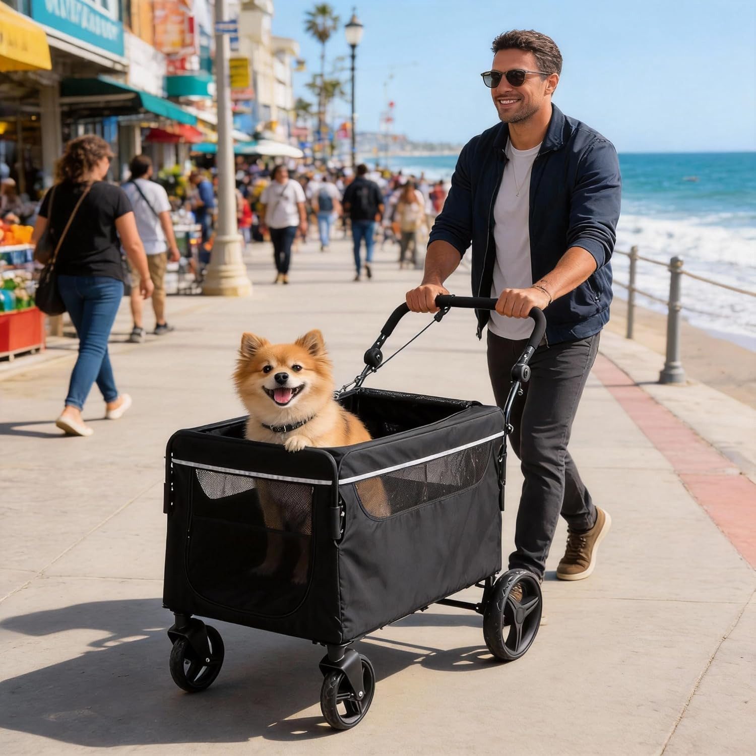 GarveeMore Haustierstrandkorb 2-in-1 Hundewagen, Heckklappe & Ramp, 360° Räder, Für Große und Mittelgroße Hunde, Verstellbarem Griff & Feststellbremse