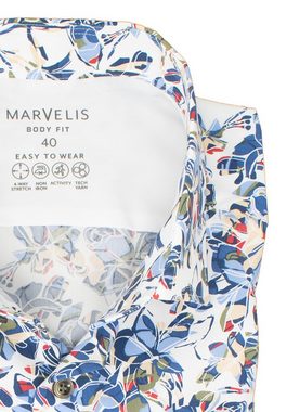 MARVELIS Businesshemd Easy To Wear Hemd - Body Fit - Langarm - Florales Muster - Weiß