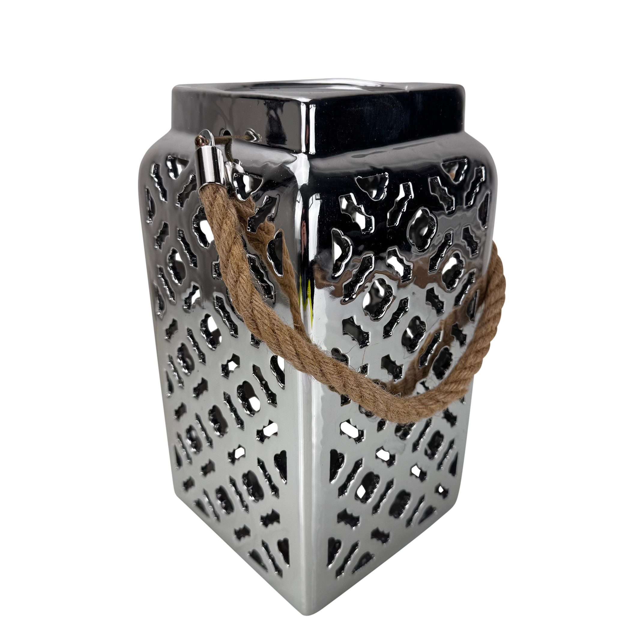 Online-Fuchs LED Laterne aus Metall mit Solarbeleuchtung - Outdoor - 27 cm groß, Warmweiß oder seichter Farbwechsel, wählbar, dekorativen Ausstanzungen für Licht- und Schatteneffekte