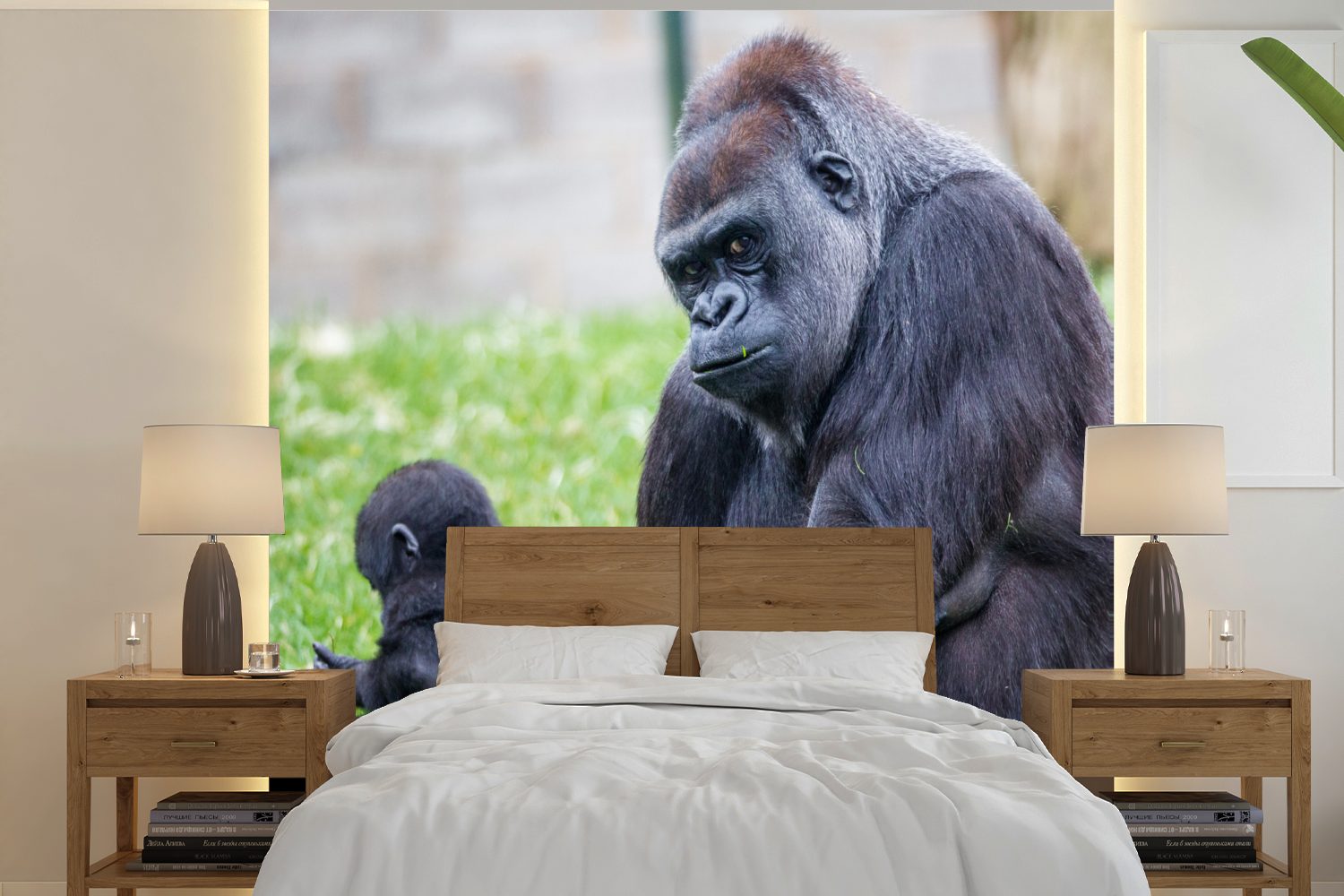 MuchoWow Fototapete Ein großer Gorilla mit seinem Baby, Matt, bedruckt, (5 St), Vinyl Tapete für Wohnzimmer oder Schlafzimmer, Wandtapete