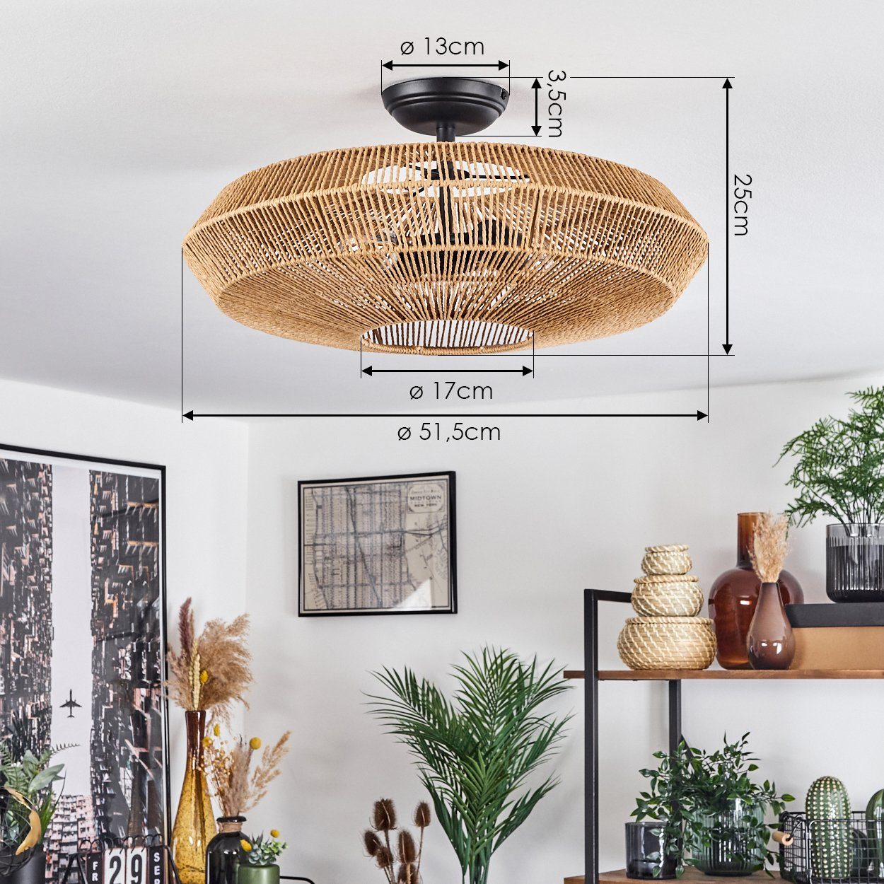 hofstein Deckenleuchte »Alvi« moderne Deckenlampe aus Metall/Rattan in Schwarz/Natur, ohne Leuchtmittel, Leuchte im modernen Design mit Lichteffekt, ø51, 5cm, 2 – Bild 4 von 5