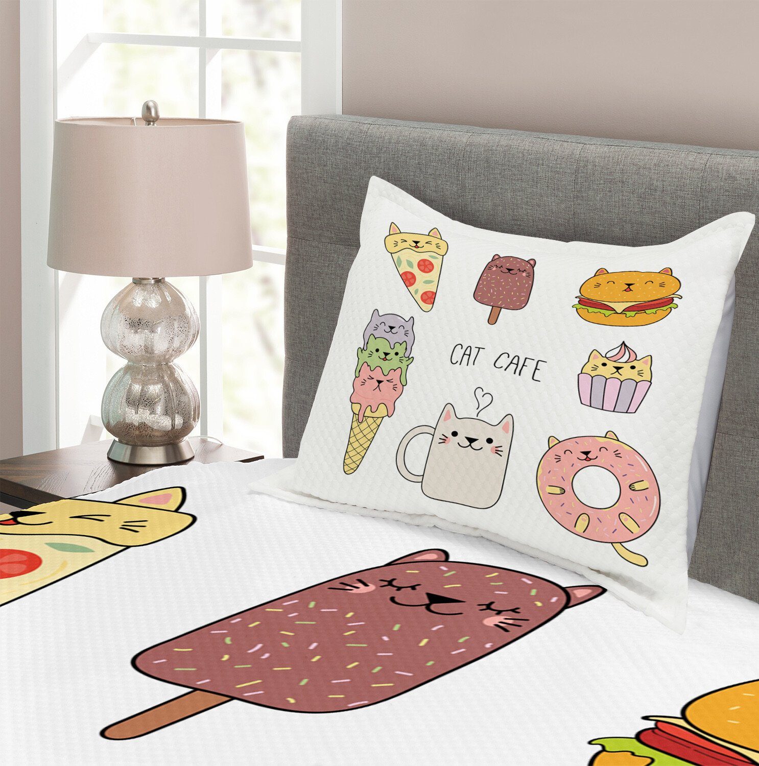 Katzen Speisen Abakuhaus, Set Kissenbezügen Cafe Karikatur Shapes Waschbar, mit Tagesdecke