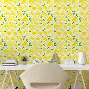 Abakuhaus Vinyltapete selbstklebendes Wohnzimmer Küchenakzent, Zitrone Cartoon Zitronen Zigzags