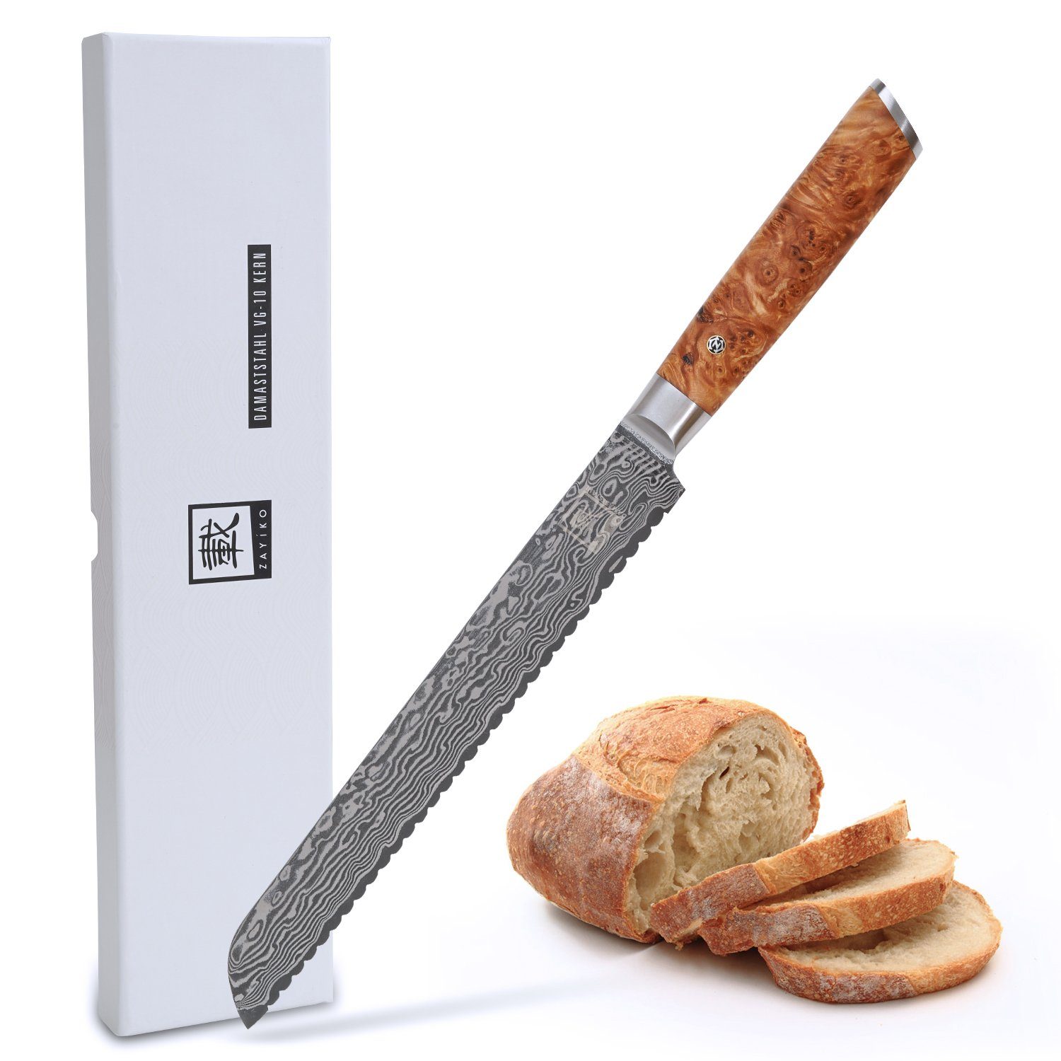 ZAYIKO Brotmesser Kinone Damast langes Brotmesser I 23 cm Klinge I Wurzelholzgriff Birke, dunkler Damaststahl