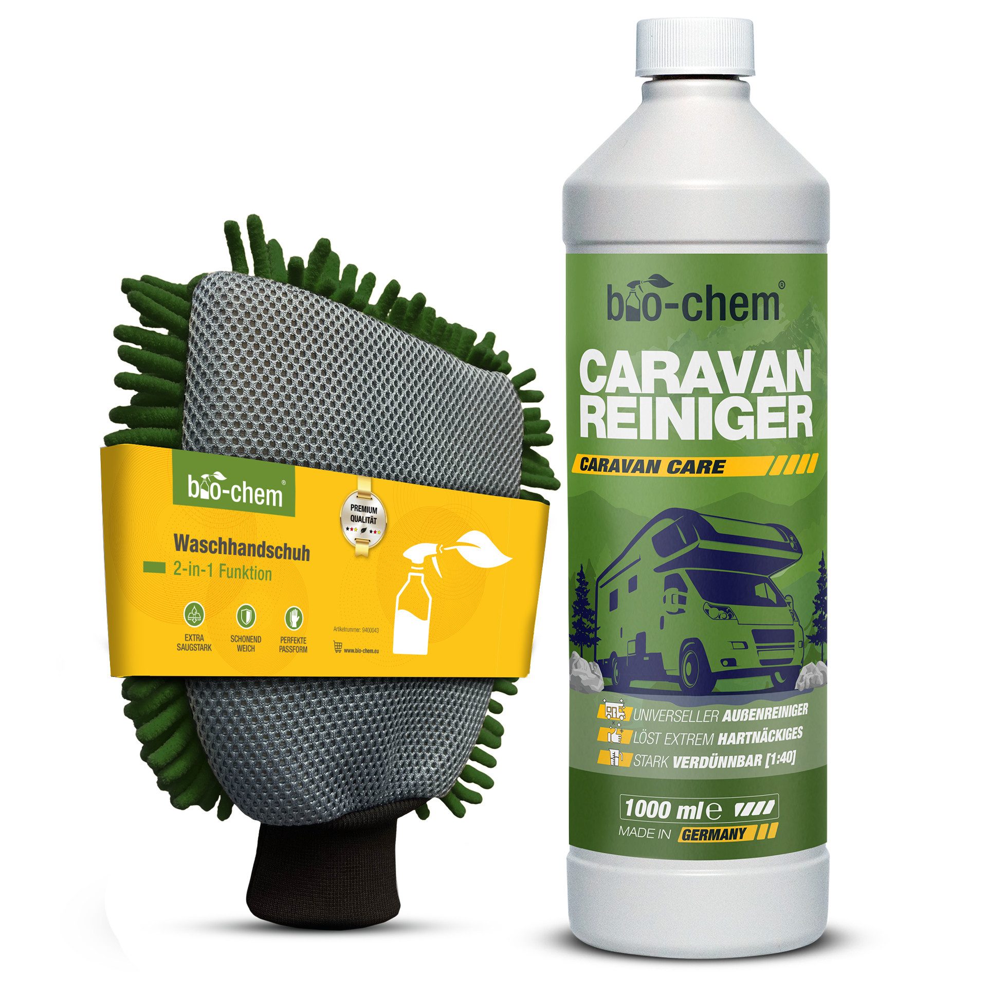 bio-chem bio-chem Caravan- & Wohnmobilreiniger Konzentrat, extra stark Auto-Reinigungsmittel (Sparpaket, [- Caravanreiniger SET 1 l + Mikrofaser-Schwamm Entfernt Regenstreifen, Baumharz & Insektenrückstände)