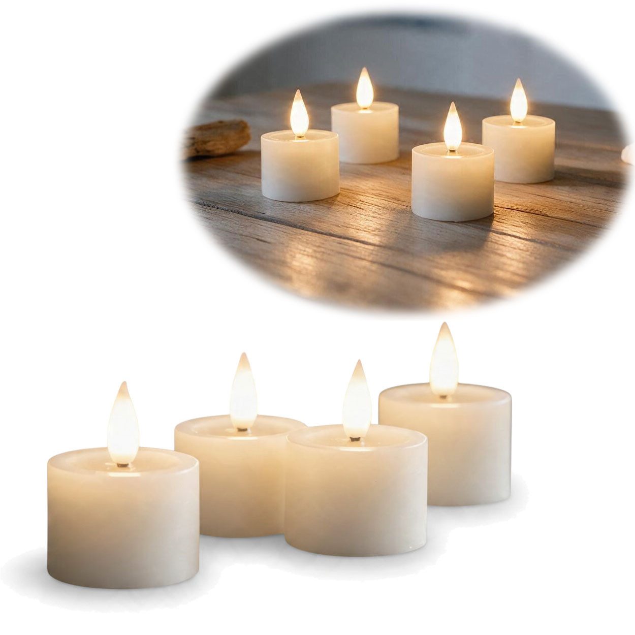 LS-LebenStil LED-Kerze USB-C 4x LED 3D Teelichter Ribe 6cm Echtwachs Spiegel mit 6 Std Timer, USB-C Ladekabel und Station, LED fest integriert, warmweiß, USB-C Ladekabel und Station - täuschend echte Optik flackernde Kerze