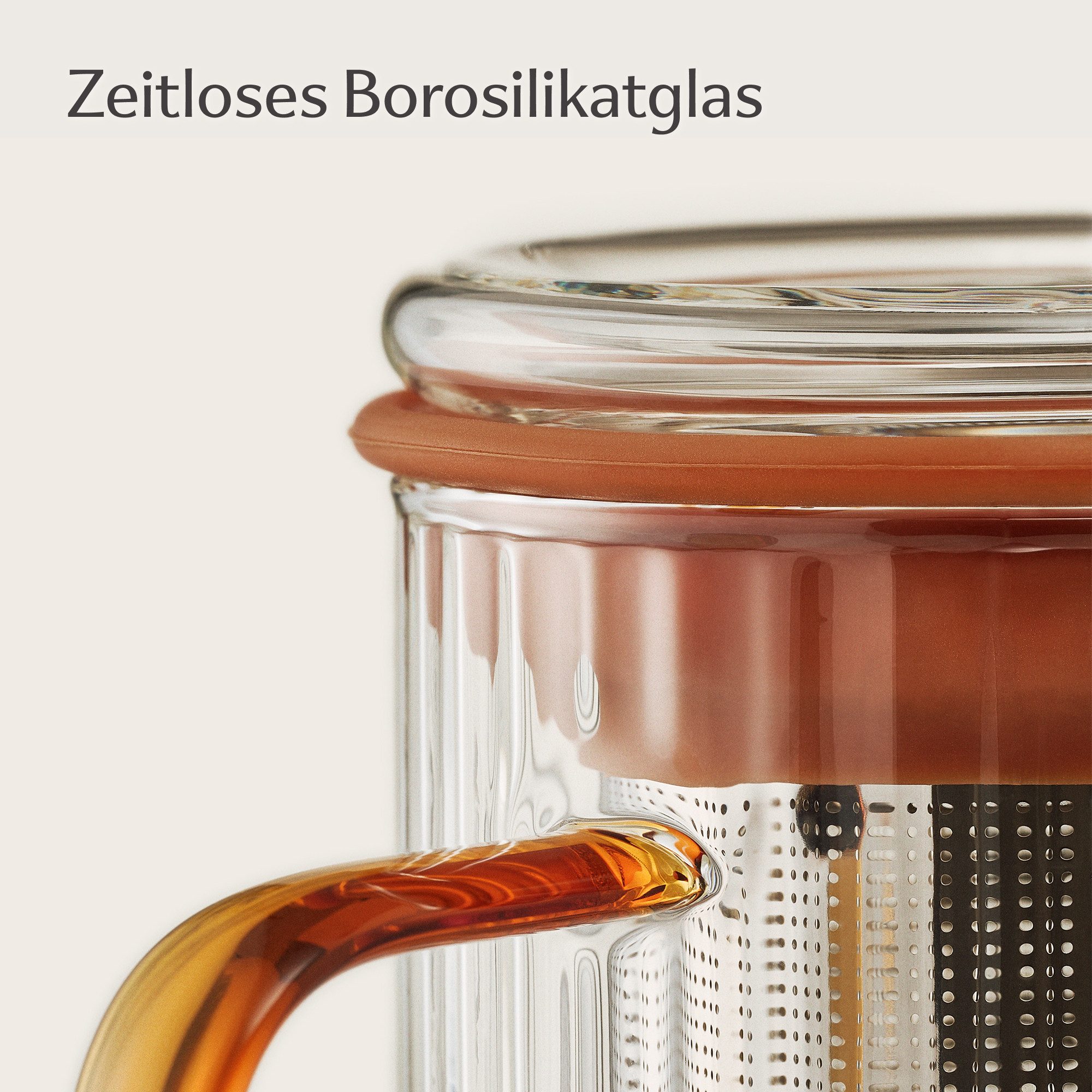 Cosumy Teeglas Teetasse mit Deckel und Sieb 450ml Orange, 1-tlg., Borosilikatglas, Edelstahl, Kork, Edelstahlfilter – Bild 4 von 5