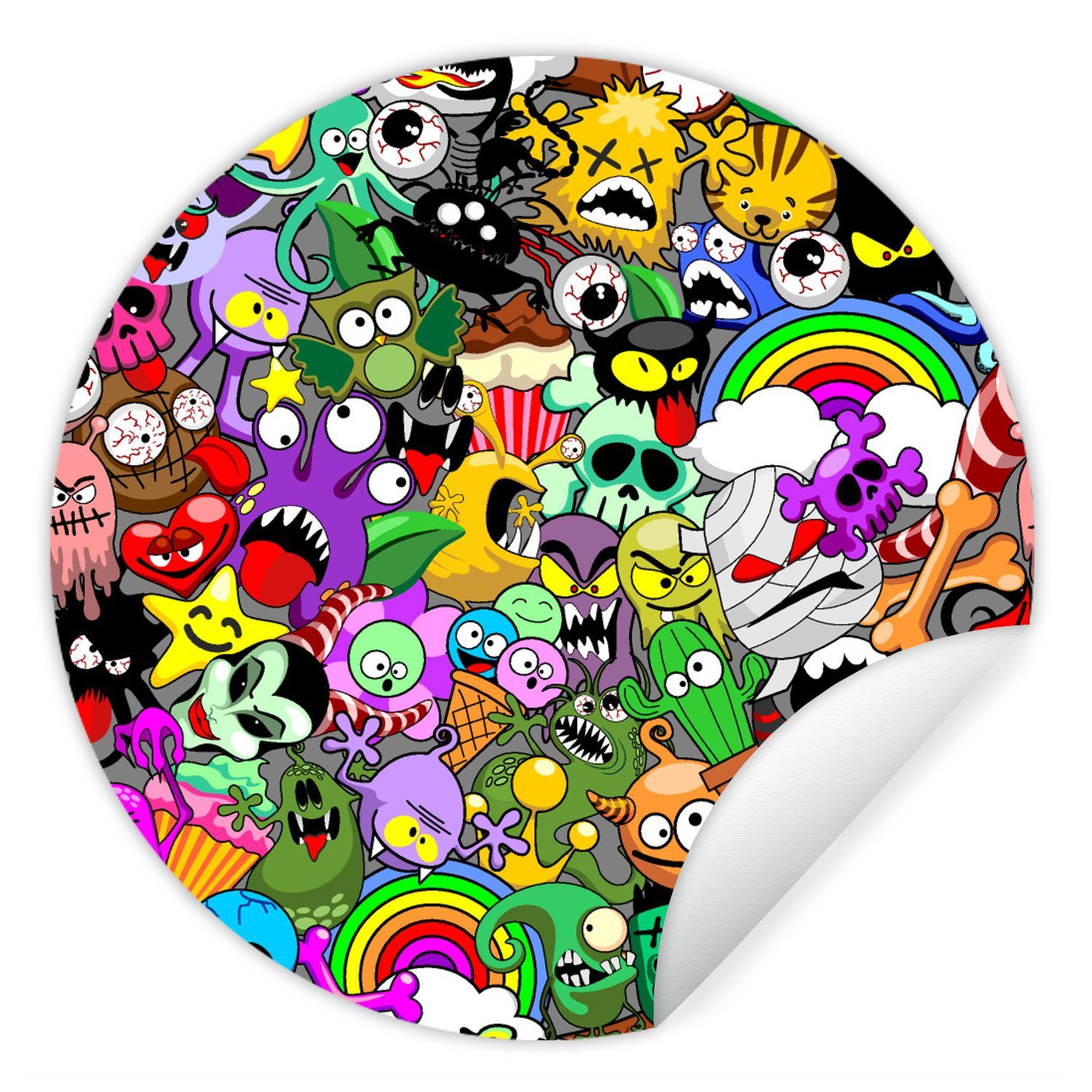 MuchoWow Wandsticker Neon - Muster - Lustig - Monster - Regenbogen - Kinder (1 St), Tapetenkreis für Kinderzimmer, Tapetenaufkleber, Rund, Wohnzimmer