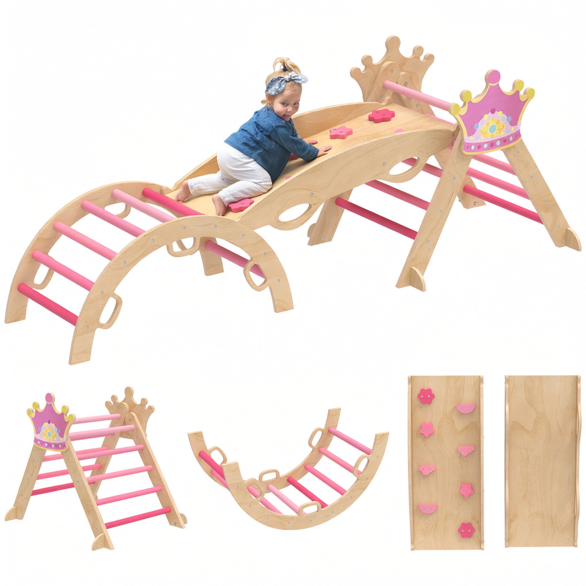 AIYAPLAY Klettergerüst Indoor Spielplatz mit Rampe, Rutsche, Kronenmotiv, Schaukelbogen, (Kletterdreieck, 1-St., 6-in-1 Kletterbogen), für Kinder von 18-48 Monate, Rosa