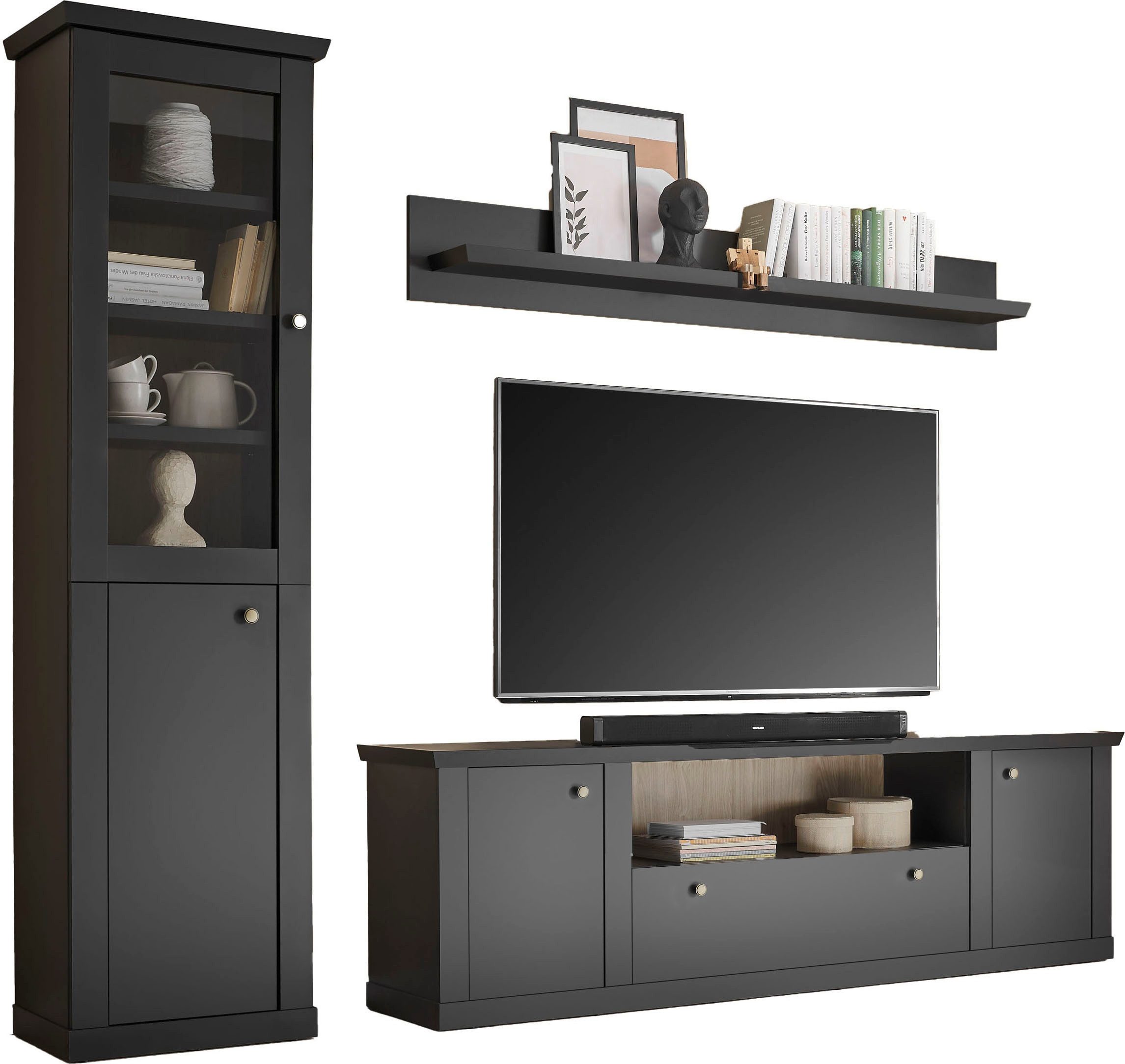 Home affaire Wohnwand Lincoln, moderne Anbauwand, Komplettset im Landhausstil, (Komplett-Set, 3-St), enthält Vitrine, Lowboard und Wandboard, 270 cm breit