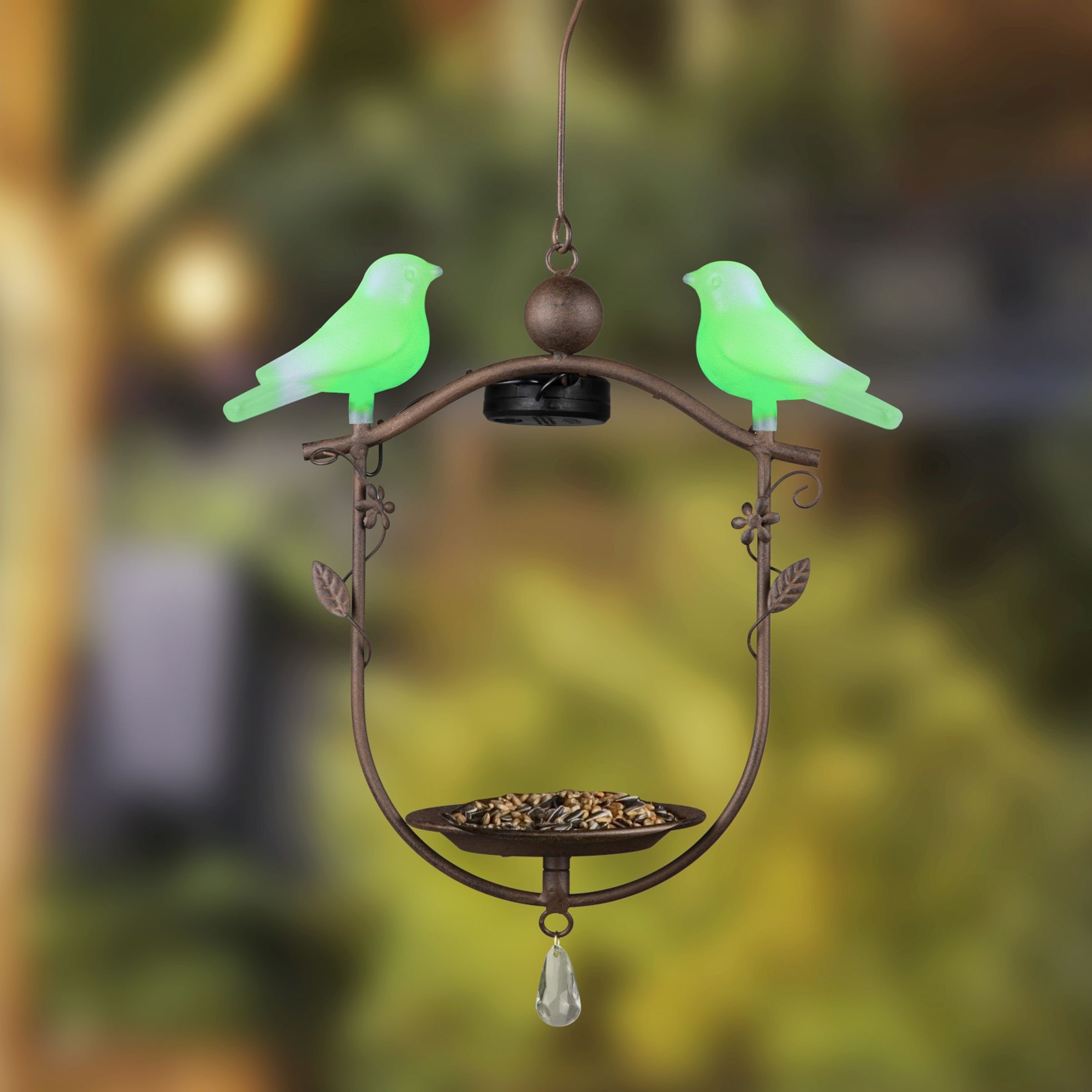 Gravidus Vogeltränke LED Solar Vogelfutterstation hängend