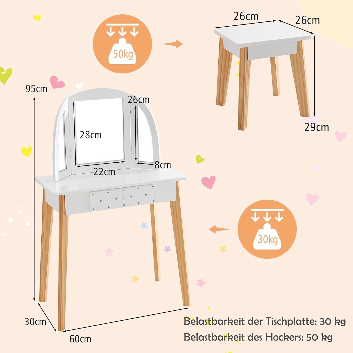 Hocker (Set), KOMFOTTEU Schublade weiß Schminktisch mit mit