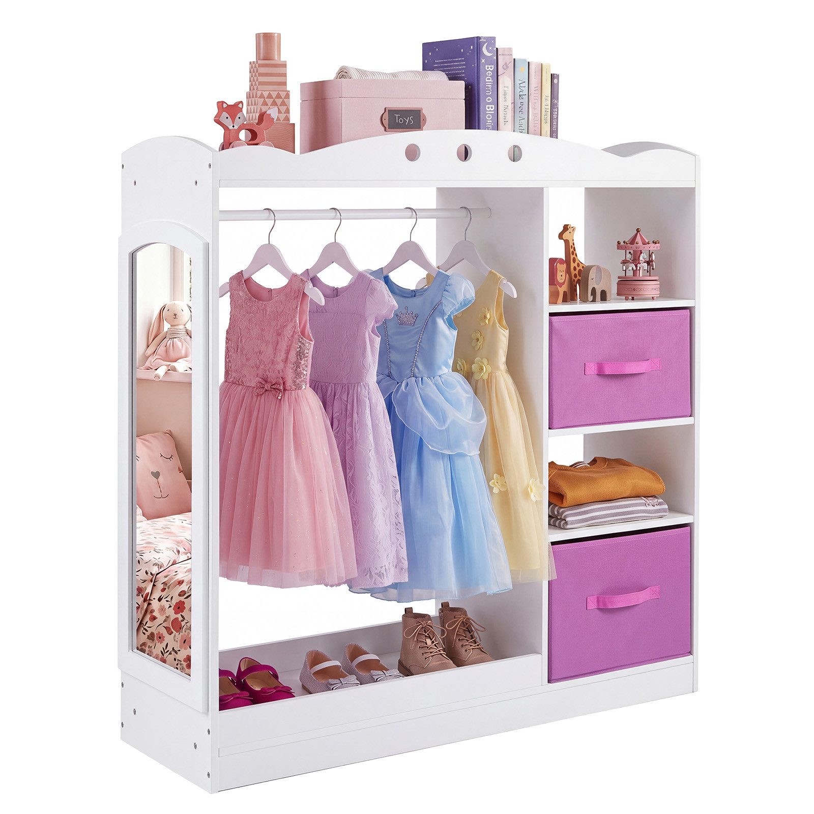 KOMFOTTEU Kleiderständer Kindergarderobe Kinderschrank, mit Spiegel, Kleiderstange & 2 faltbaren Stoffschubladen