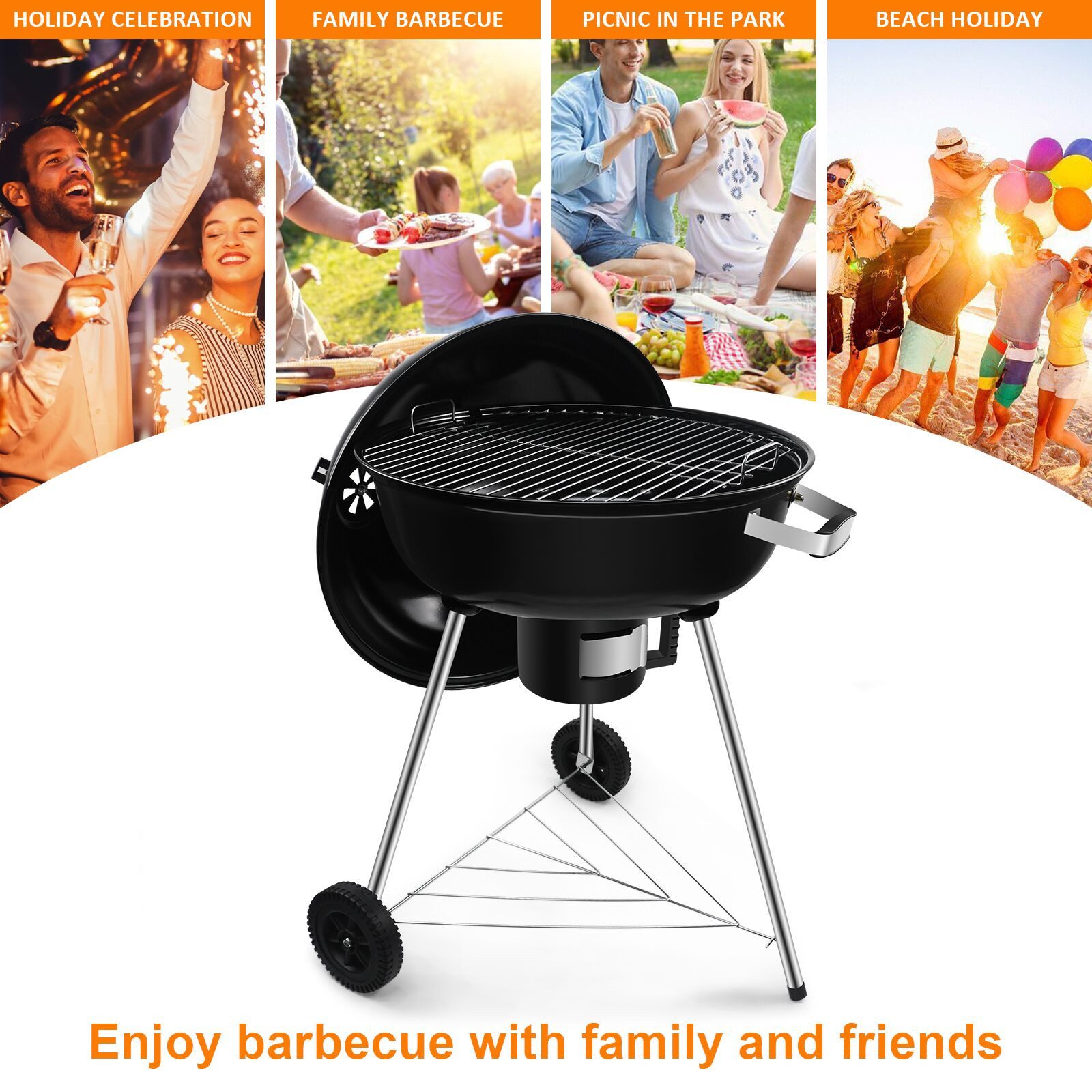 SunJas Holzkohlegrill Emaille Kugelgrill Holzkohlegrill mit Deckel und Rädern, Ø54cm BBQ Standgrill, Gartengrill mit Auffangschale für 6-9 Personen, Grillwagen  – Bild 5 von 5