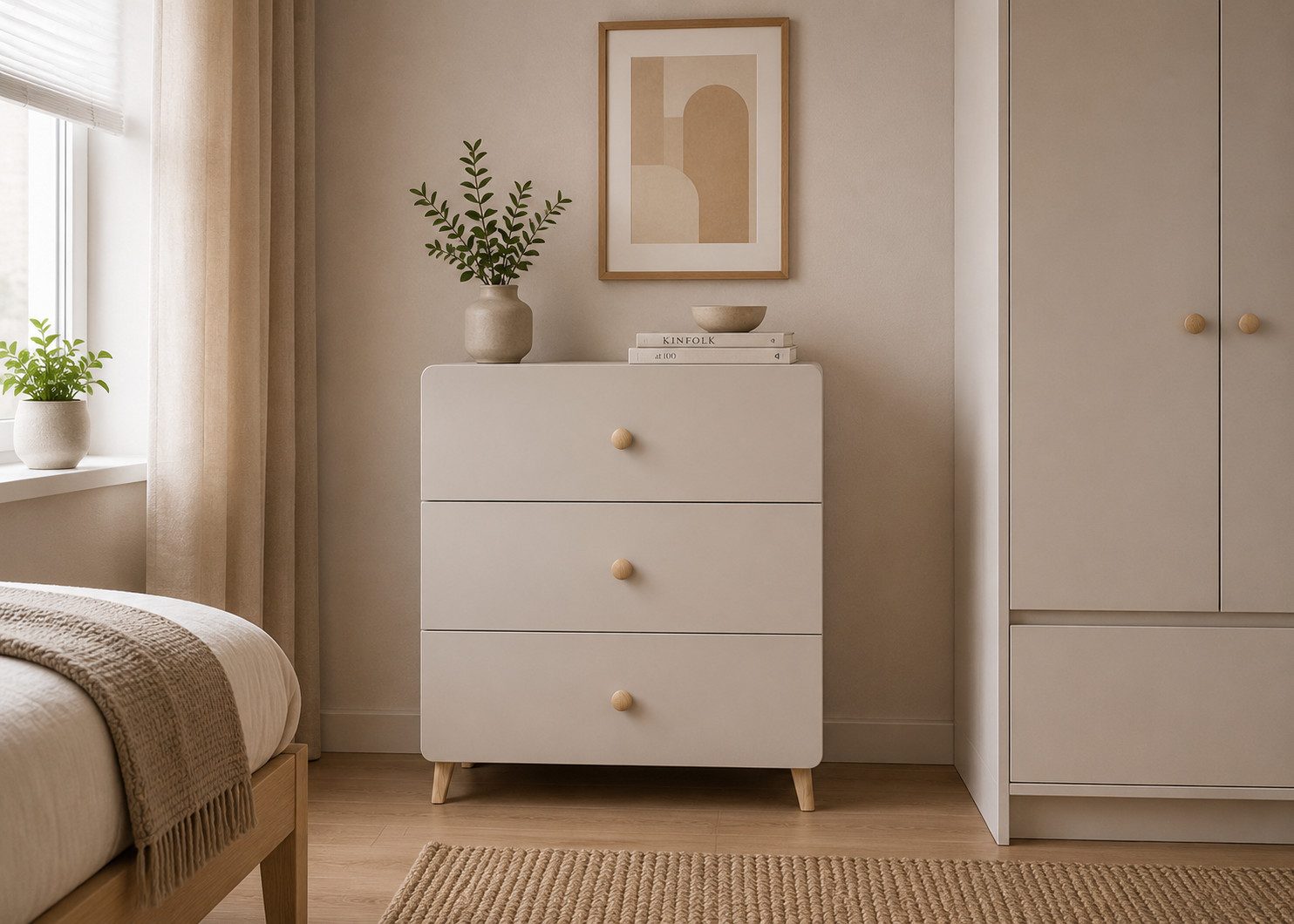 MOEBLO Kommode MERK 3S (Schubladenkommode 3S, 80 cm breit, mit 3 geräumigen Schubladen, abgerundeten Fronten, Holzgriffen und Holzfüßen, Kaschmir), (BxHxT): 80 x 99 x 40 cm